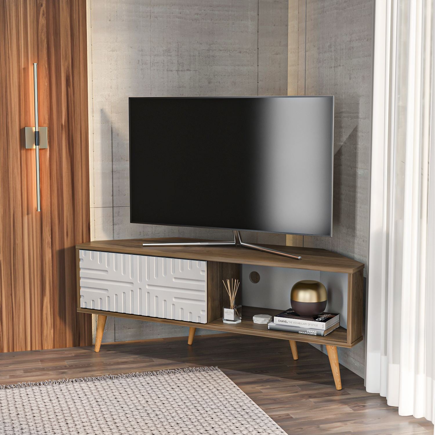 Móvel de TV – 140 cm x 54 cm x 45 cm – Nogueira e Branca – Painel de partículas revestido em melamina