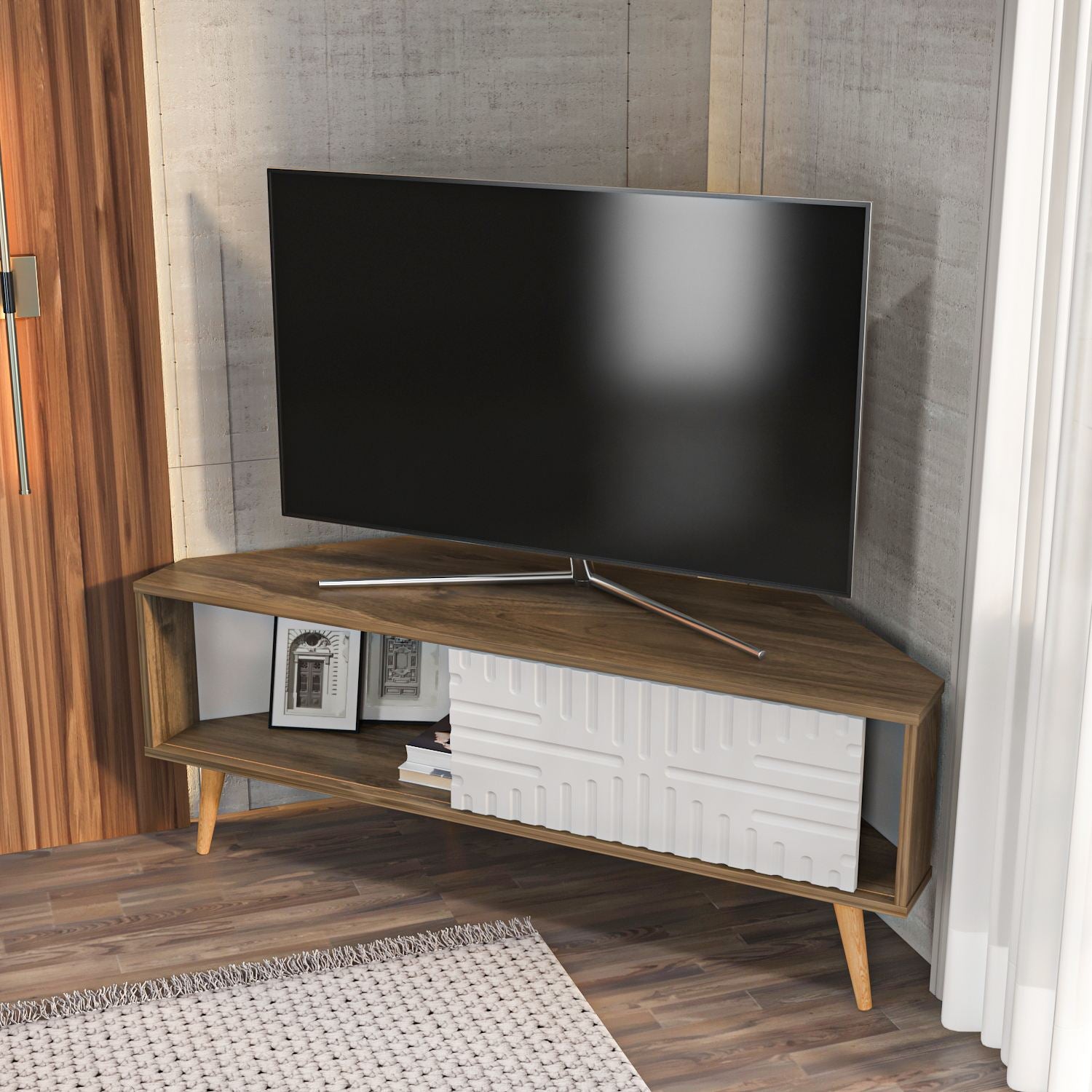 Móvel de TV – 140 cm x 54 cm x 45 cm – Nogueira e Branca – Painel de partículas revestido em melamina