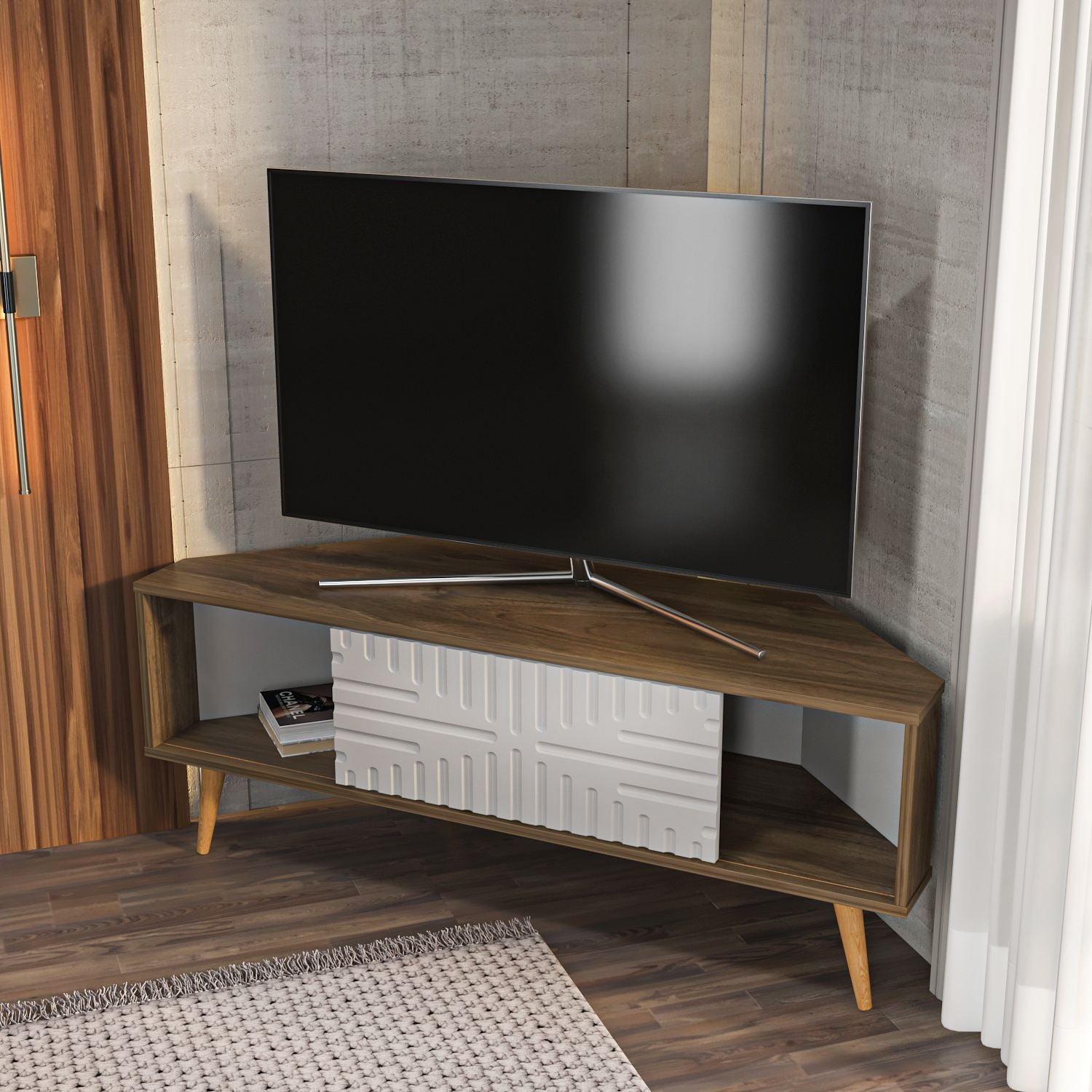 Móvel de TV – 140 cm x 54 cm x 45 cm – Nogueira e Branca – Painel de partículas revestido em melamina