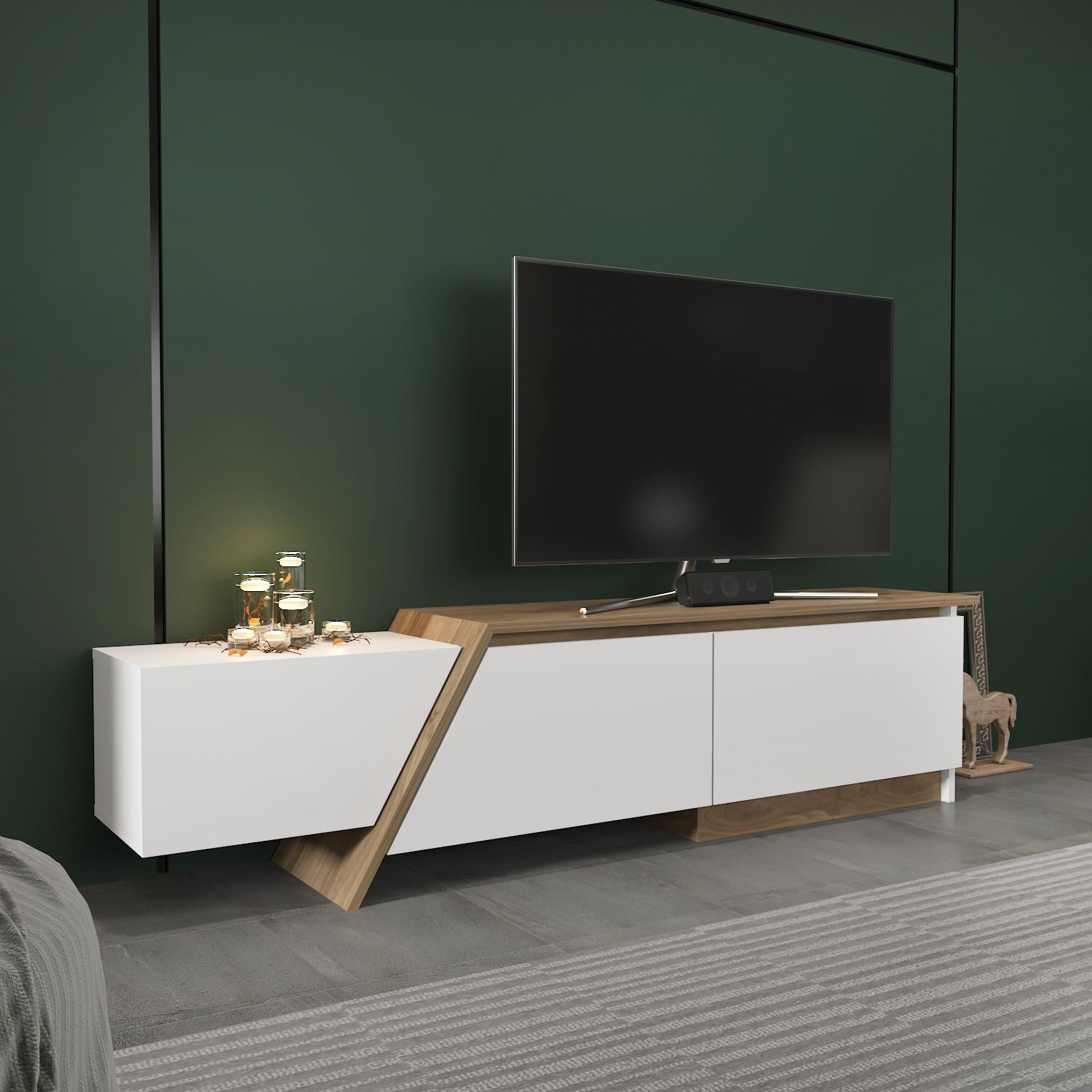 Móvel de TV – 180 cm x 28,6 cm x 35 cm – Branco e Nogueira – Painel de partículas revestido de melamina