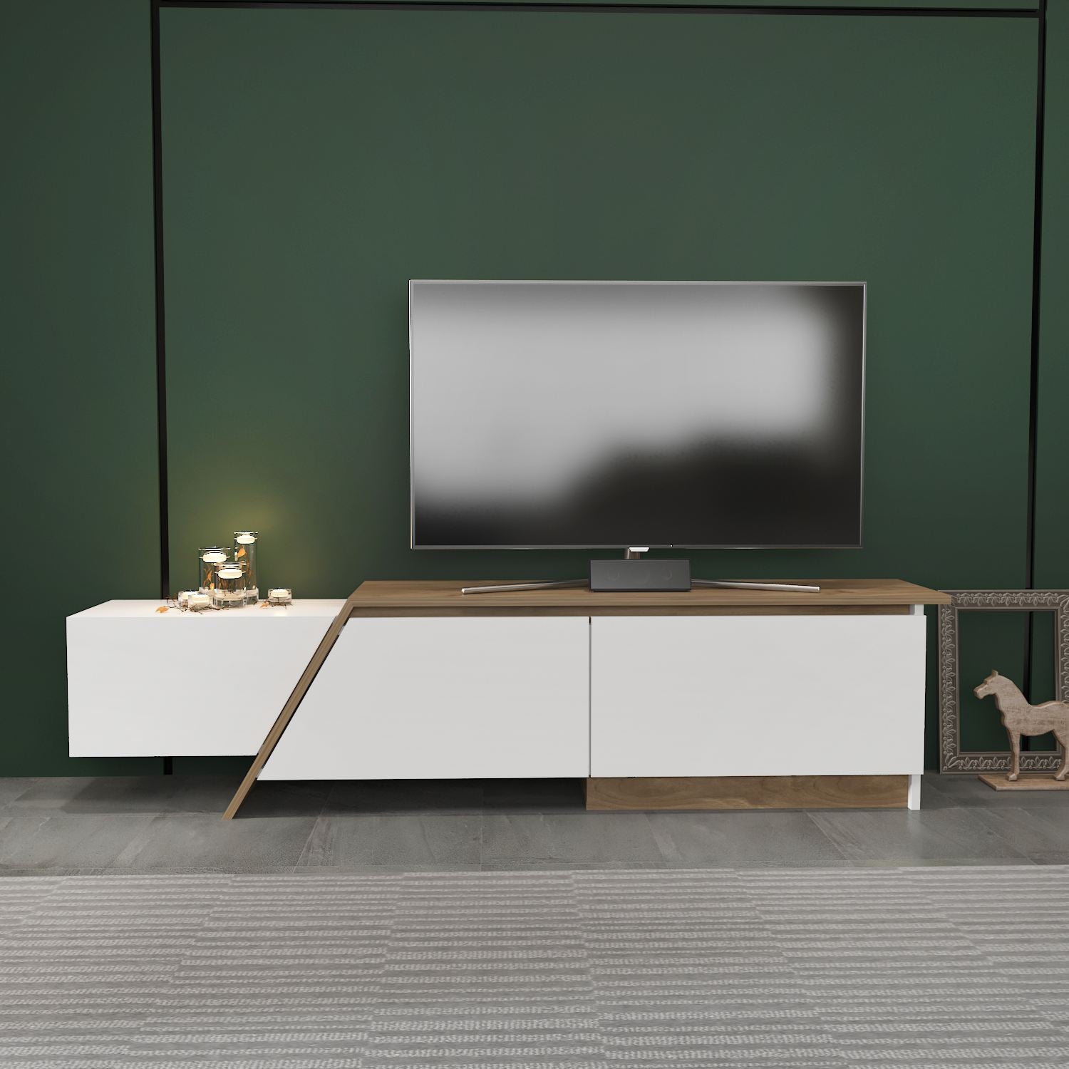 Móvel de TV – 180 cm x 28,6 cm x 35 cm – Branco e Nogueira – Painel de partículas revestido de melamina
