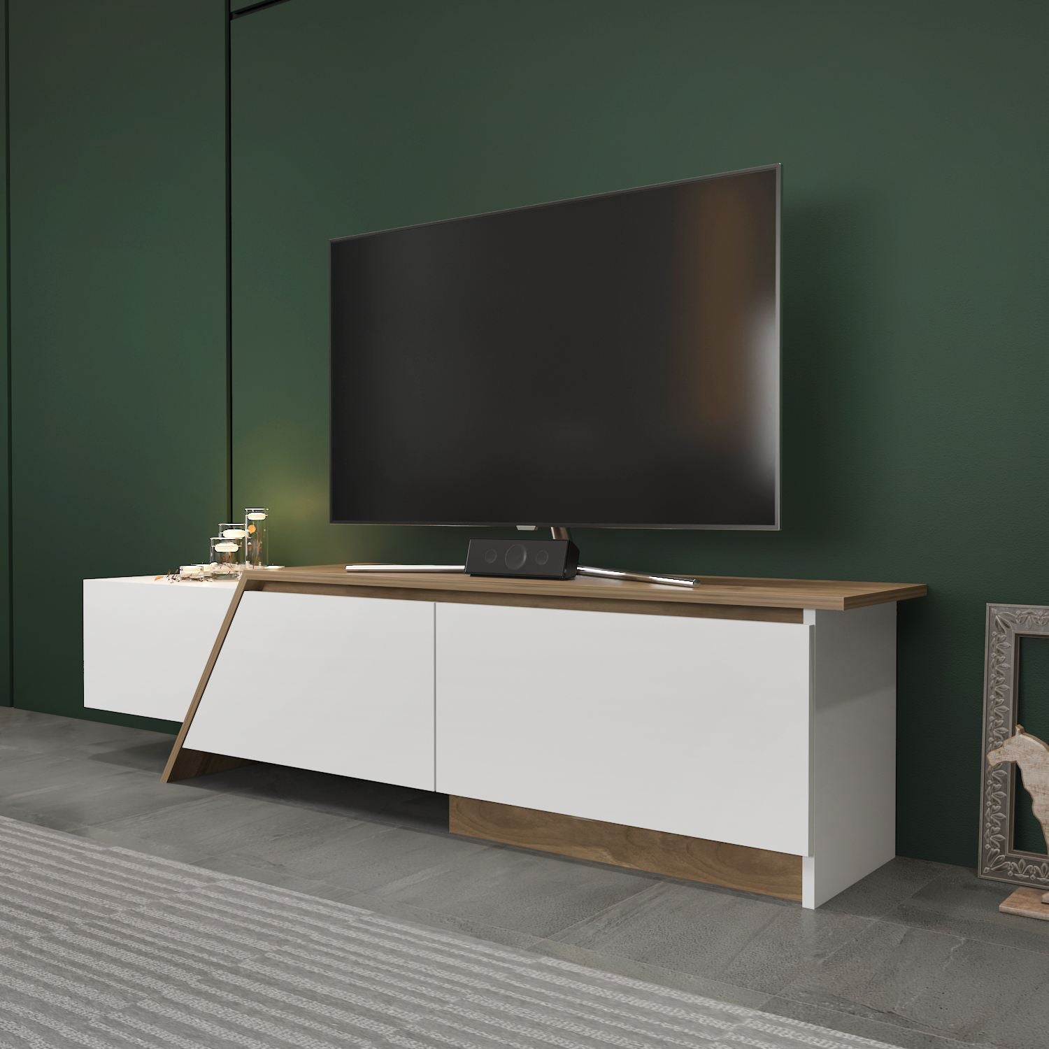 Móvel de TV – 180 cm x 28,6 cm x 35 cm – Branco e Nogueira – Painel de partículas revestido de melamina