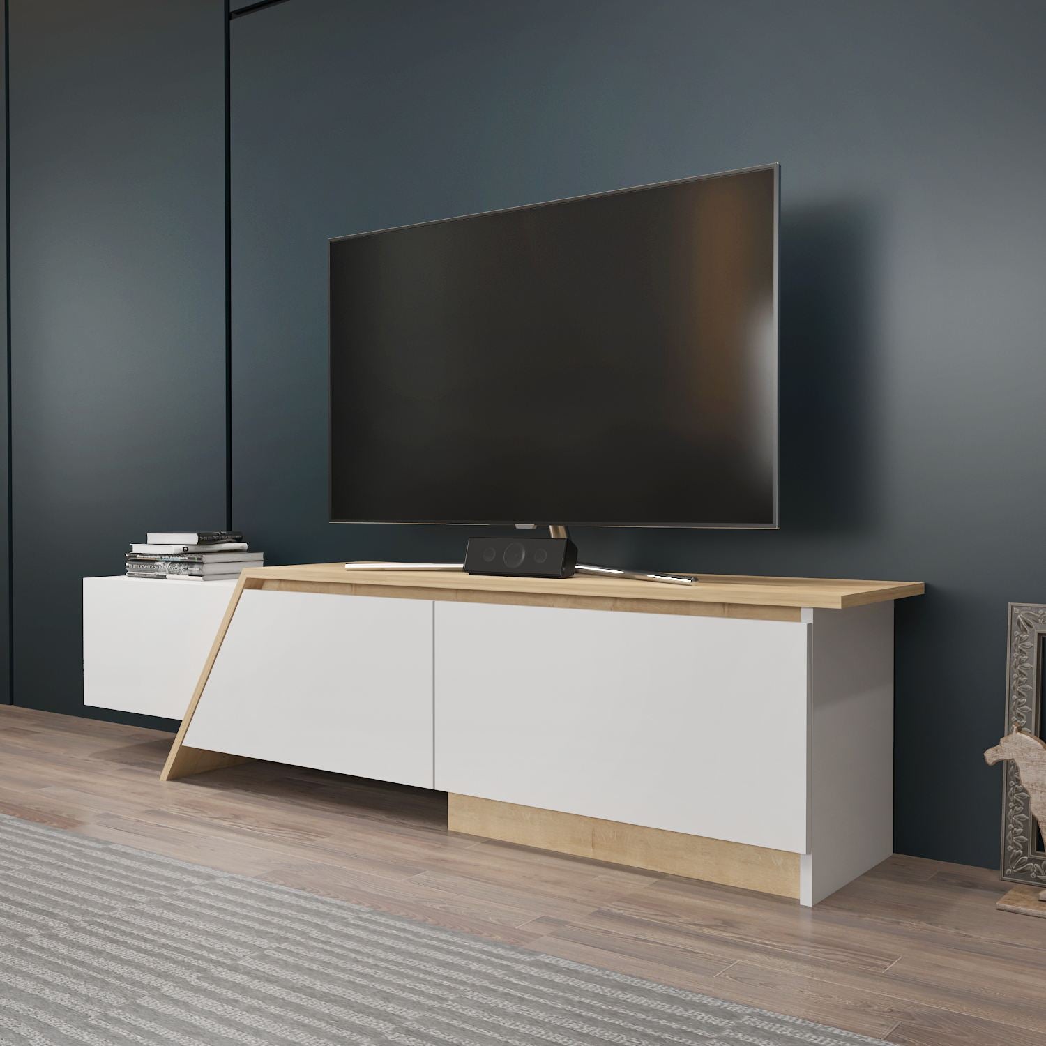 Móvel de TV – 180cm x 28,6cm x 35cm – Branco e Carvalho Safira – Painel de partículas