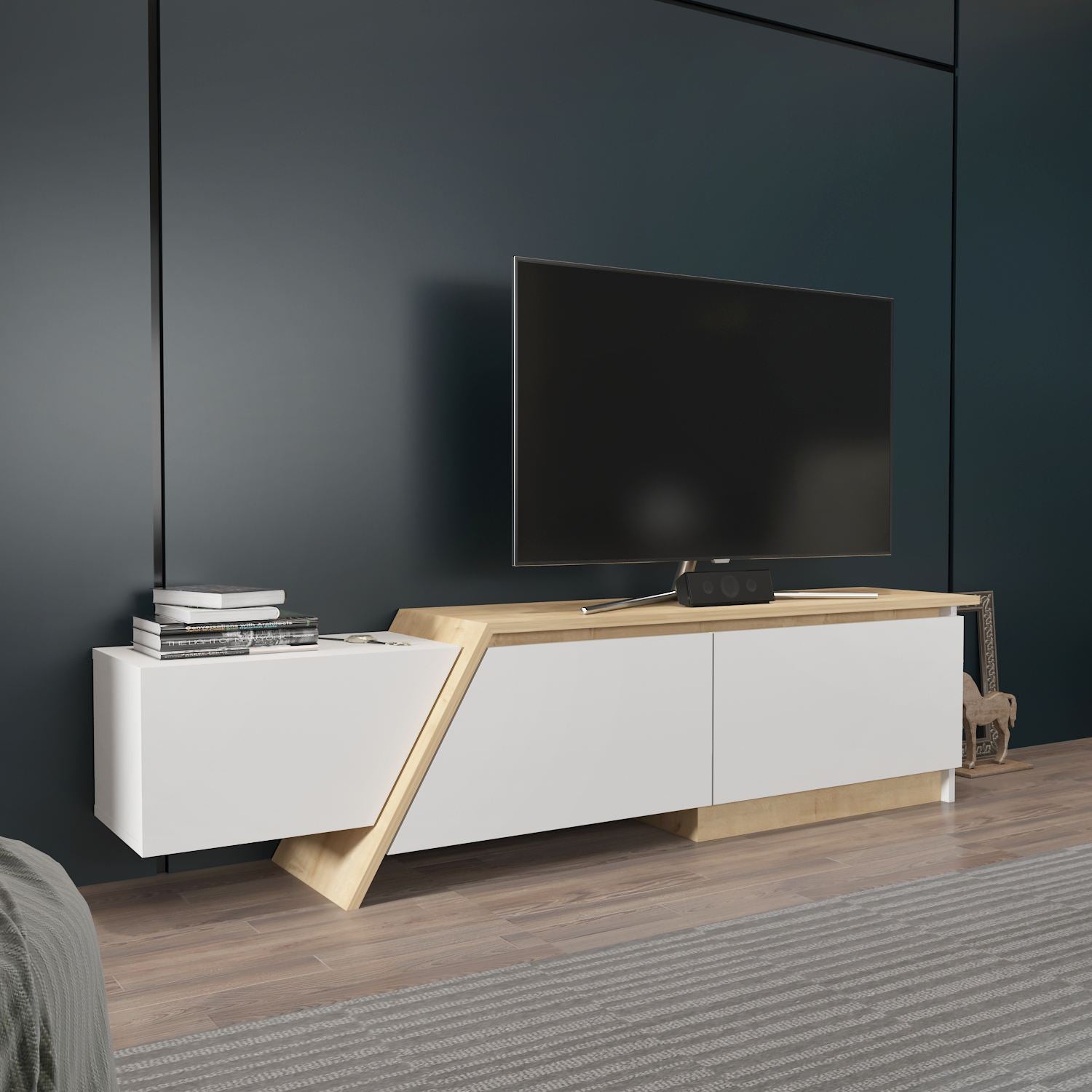 Móvel de TV – 180cm x 28,6cm x 35cm – Branco e Carvalho Safira – Painel de partículas