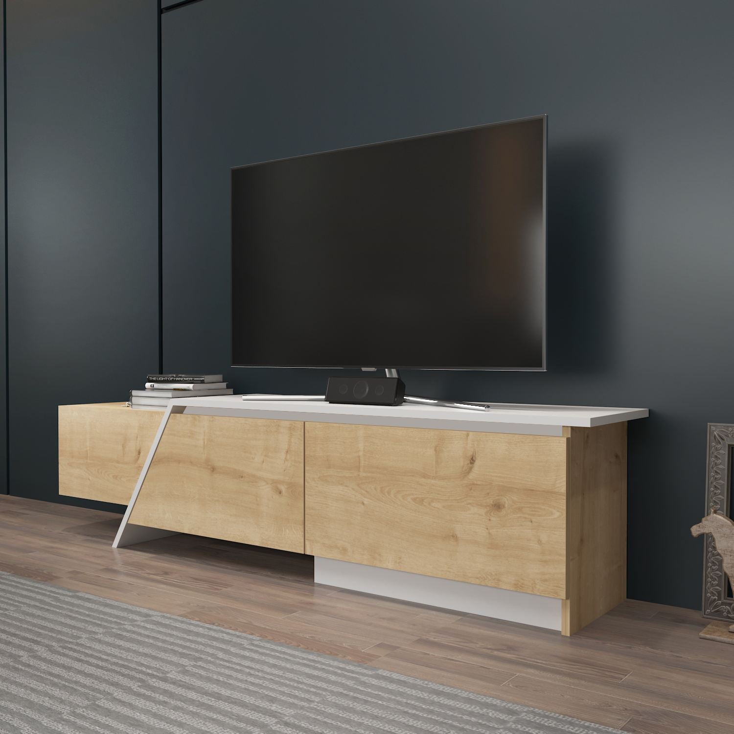 Móvel de TV – 180cm x 28,6cm x 35cm – Carvalho Safira e Branco – MDF