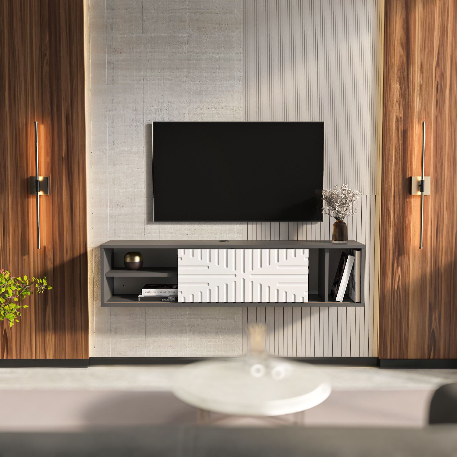 Móvel de TV – 140 cm x 29.5 cm x 29.5 cm – Antracite e Branco – MDF