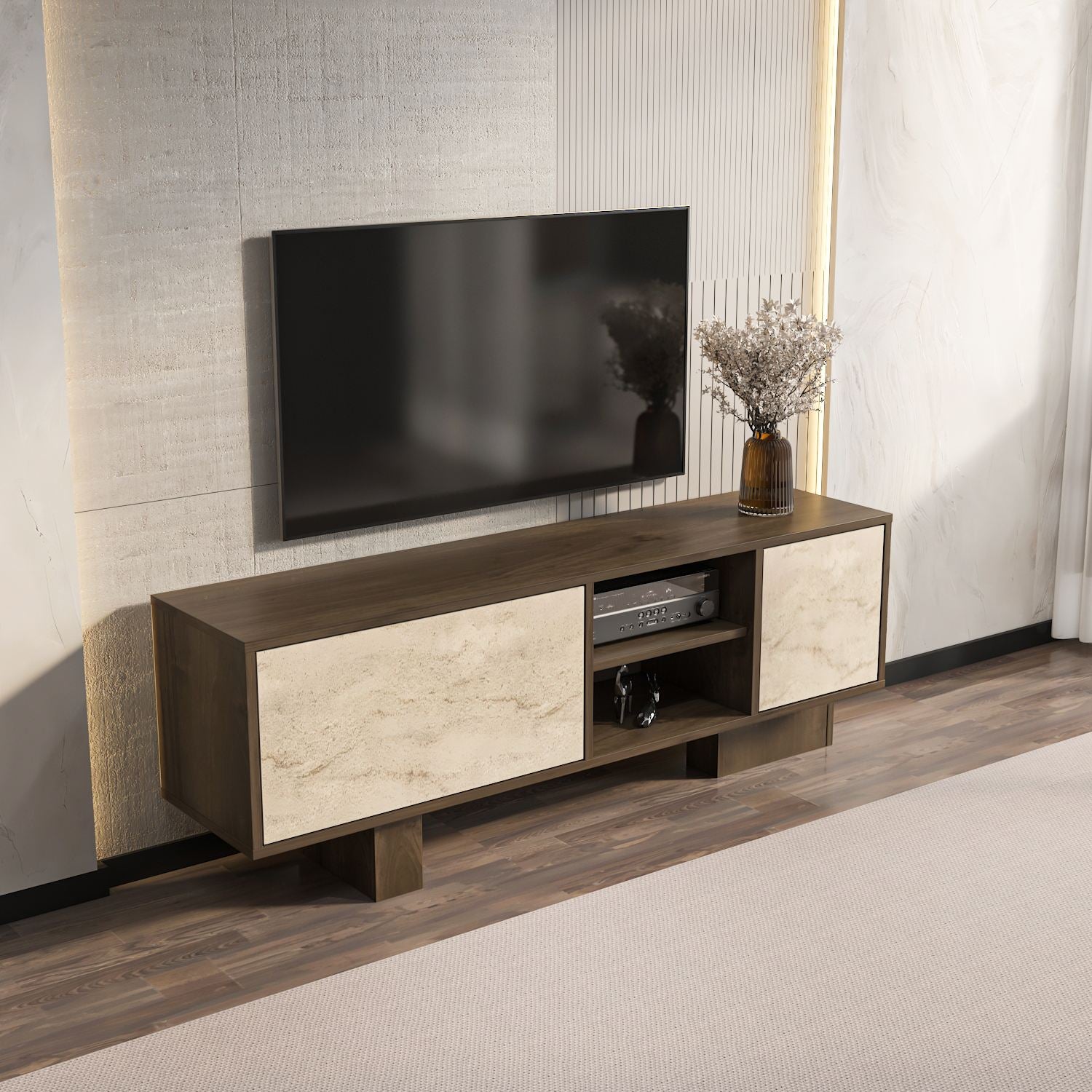 Móvel de TV – 150cm x 54cm x 35cm – Nogueira e Travertino