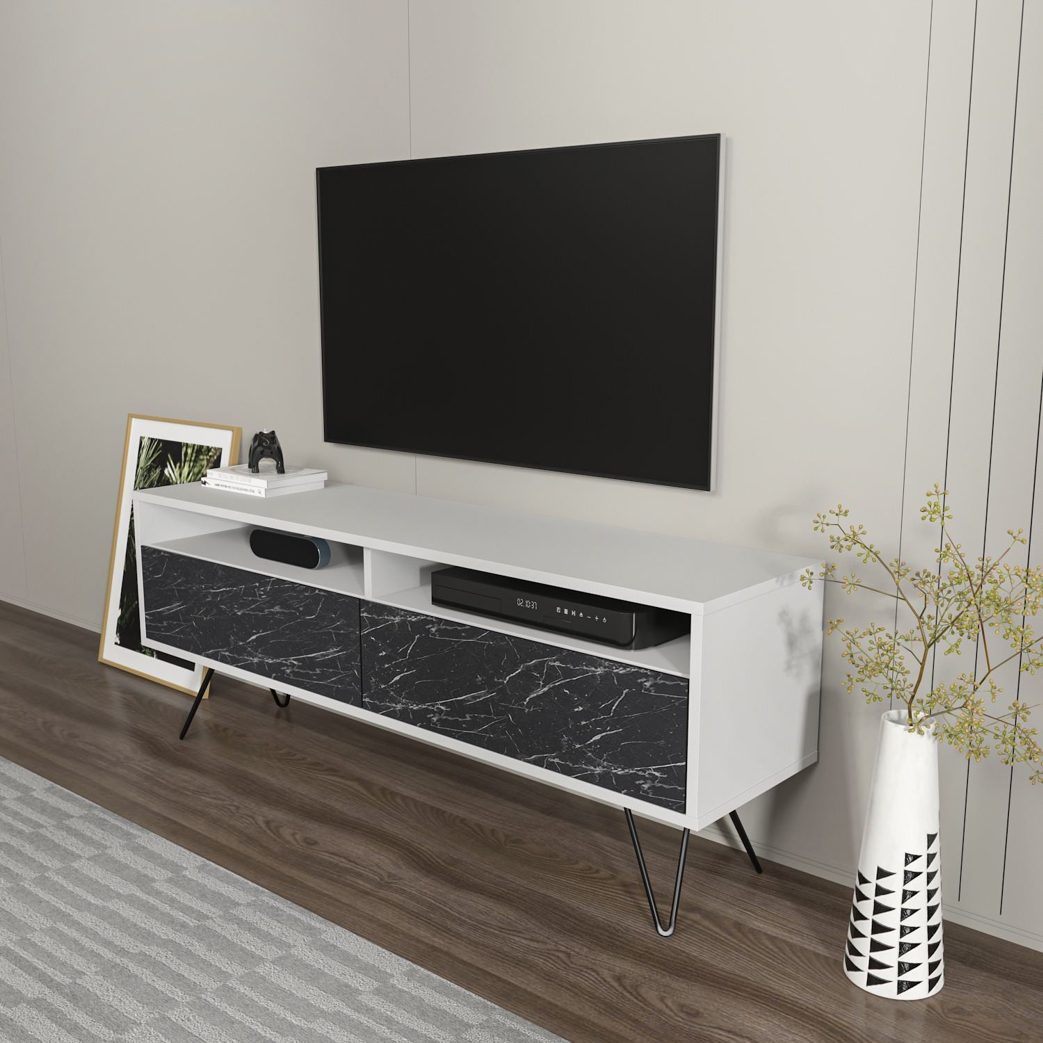 Móvel de TV – 140 cm x 53,2 cm x 35 cm – Branco e Preto – MDF