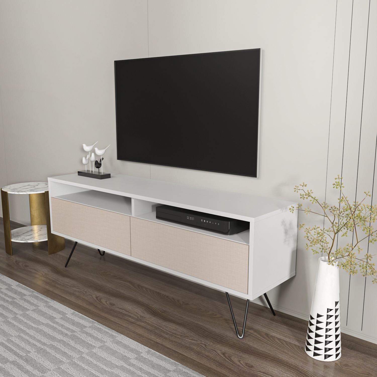 Móvel de TV – 140 cm x 53,2 cm x 35 cm – Branco e Bege – Aglomerado