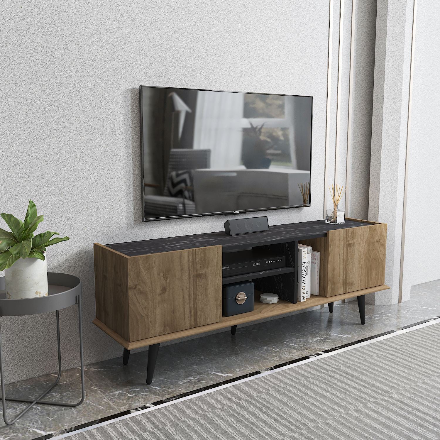 Móvel de TV – 154,4 cm x 56,6 cm x 31,3 cm – Nogueira e Preto – MDF
