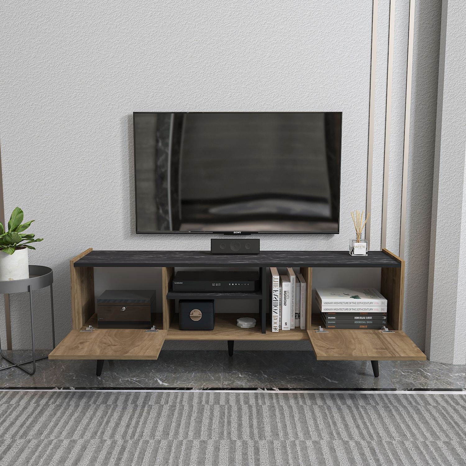 Móvel de TV – 154,4 cm x 56,6 cm x 31,3 cm – Nogueira e Preto – MDF