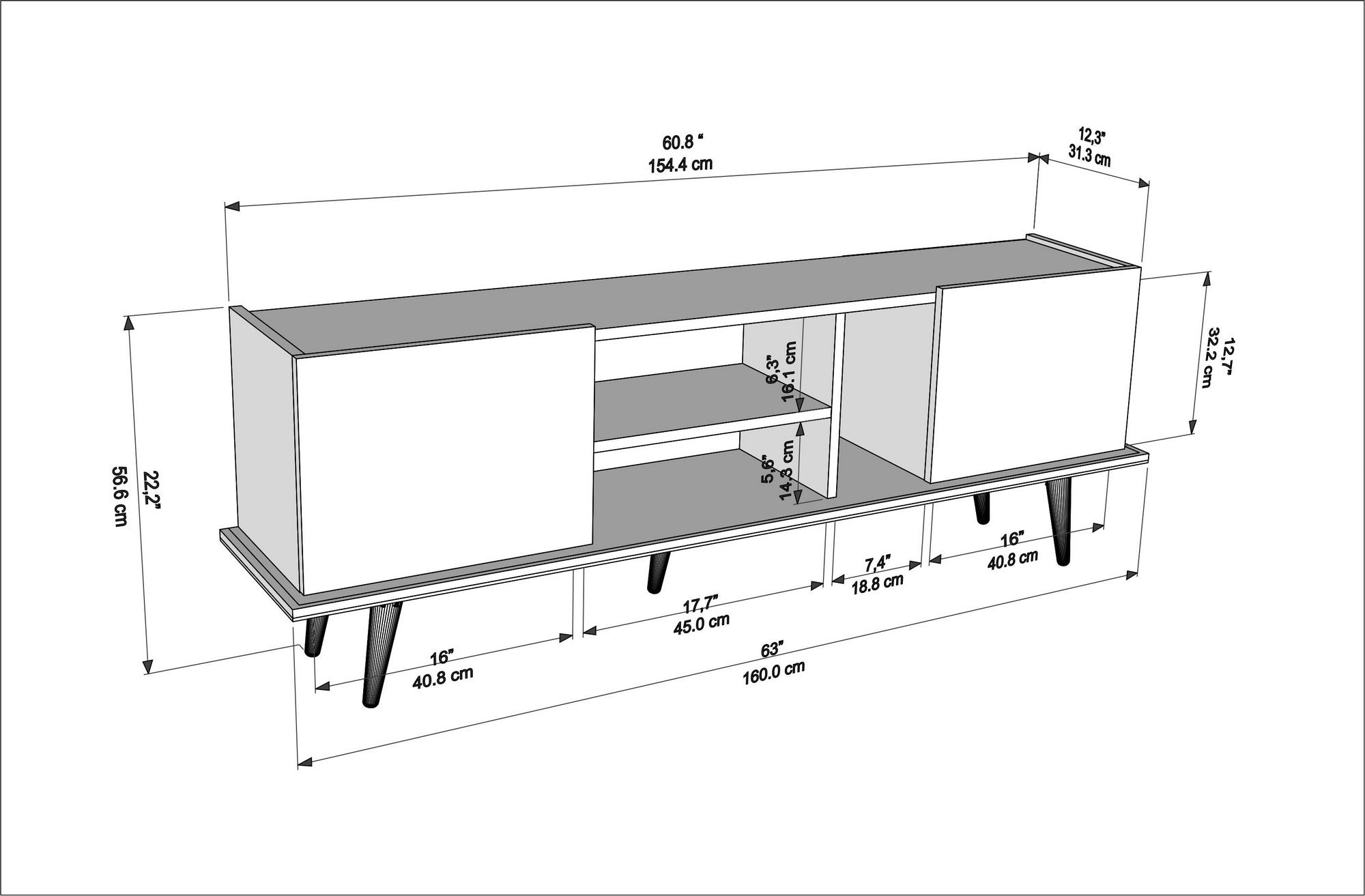 Móvel de TV – 154,4 cm x 56,6 cm x 31,3 cm – Nogueira e Preto – MDF