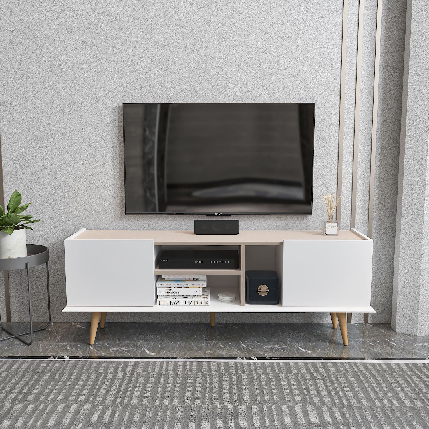 Móvel de TV – 154,4cm x 56,6cm x 31,3cm – Branco e Bege – MDF
