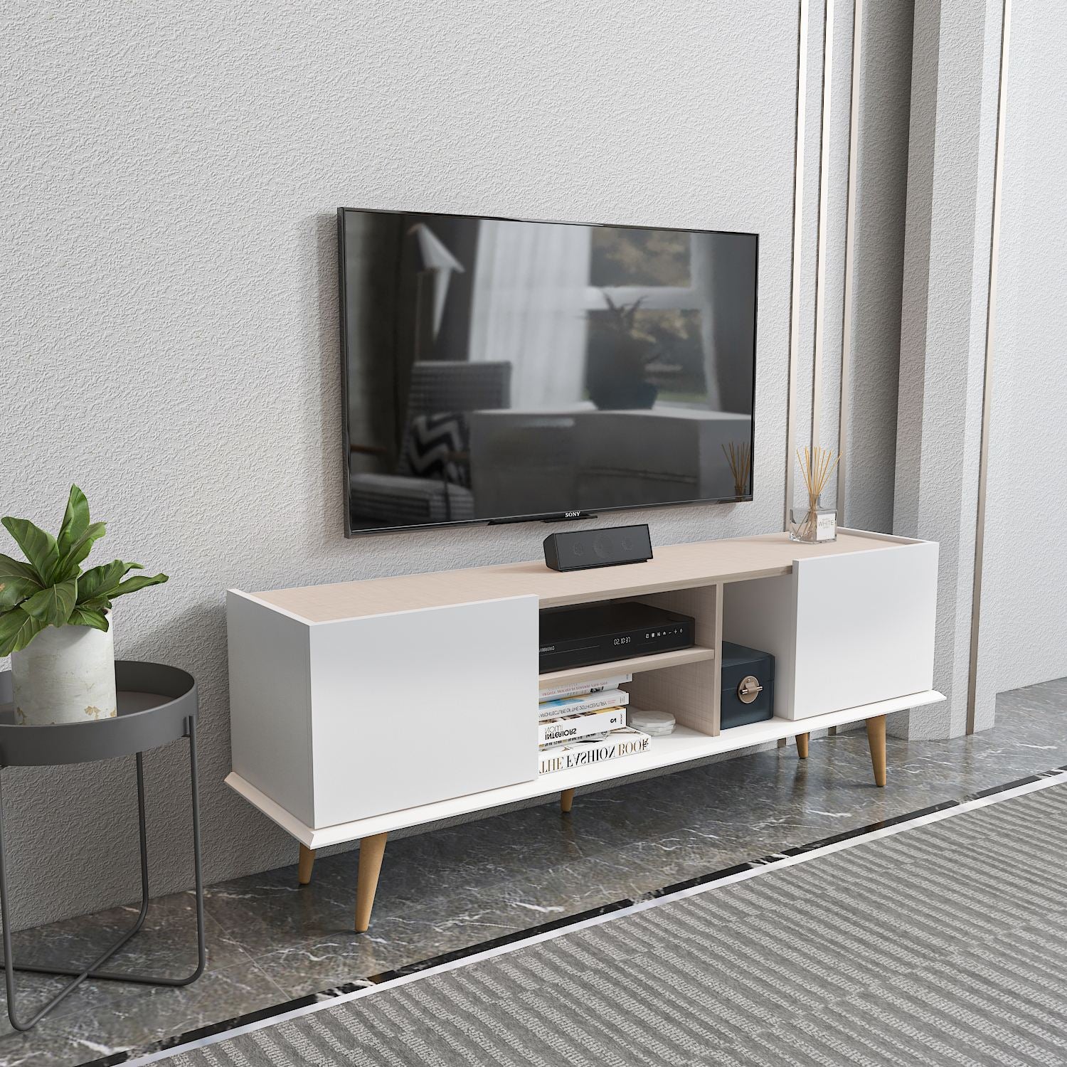 Móvel de TV – 154,4cm x 56,6cm x 31,3cm – Branco e Bege – MDF