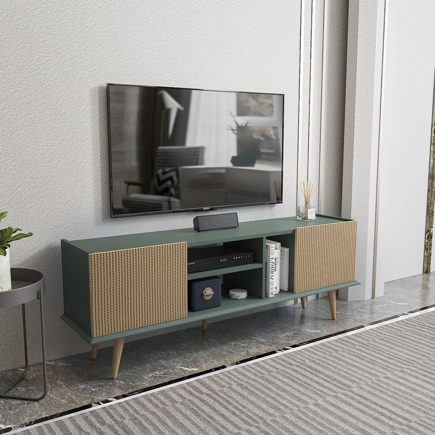 Móvel de TV – 154,4 x 56,6 x 31,3 cm – Marrom Claro e Verde – MDF