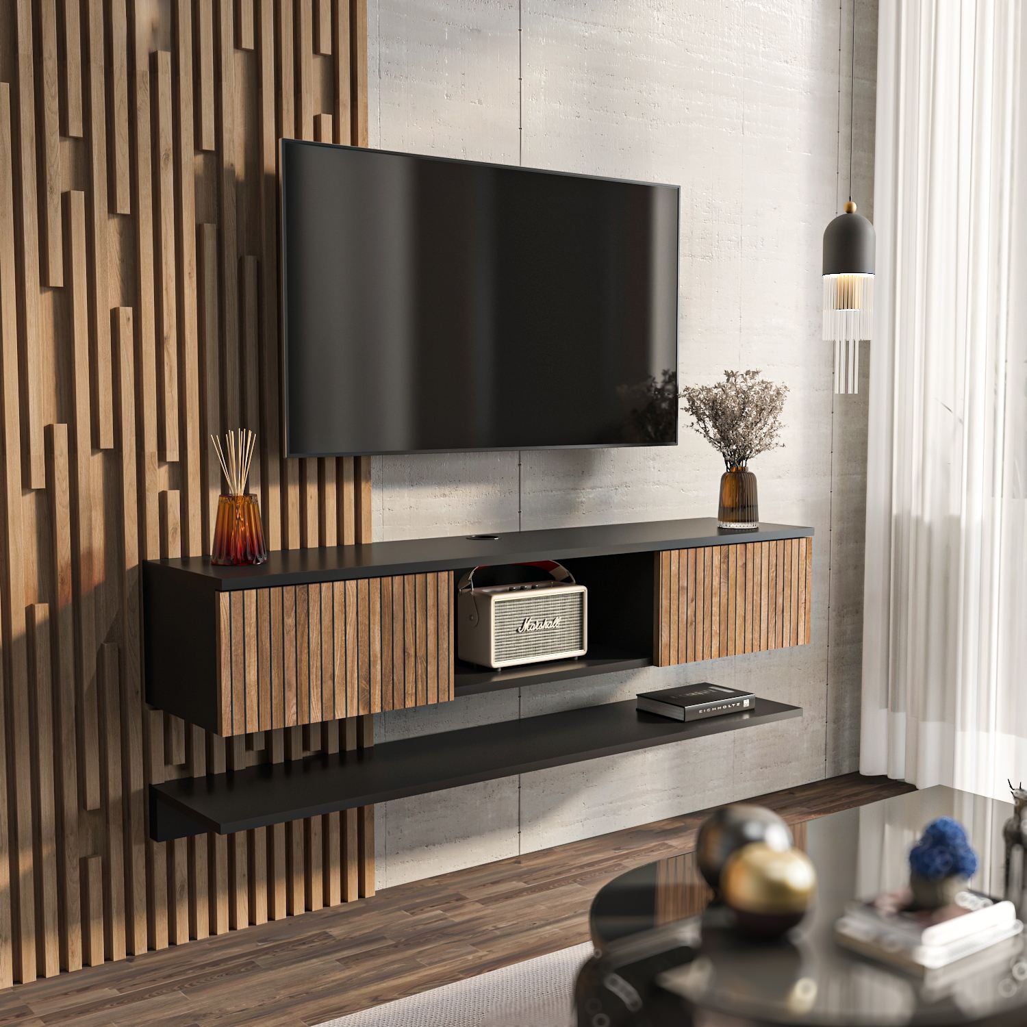 Móvel de TV – 140 cm x 25,6 cm x 32 cm – Madeira e Preto – MDF
