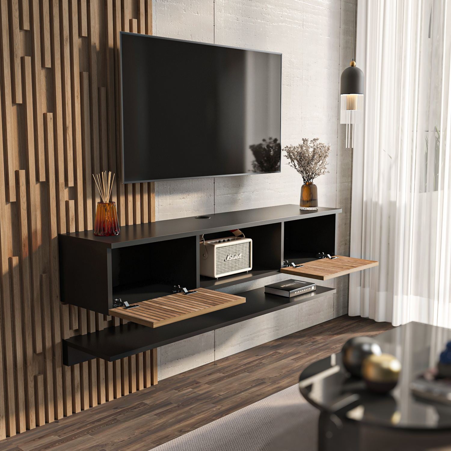 Móvel de TV – 140 cm x 25,6 cm x 32 cm – Madeira e Preto – MDF