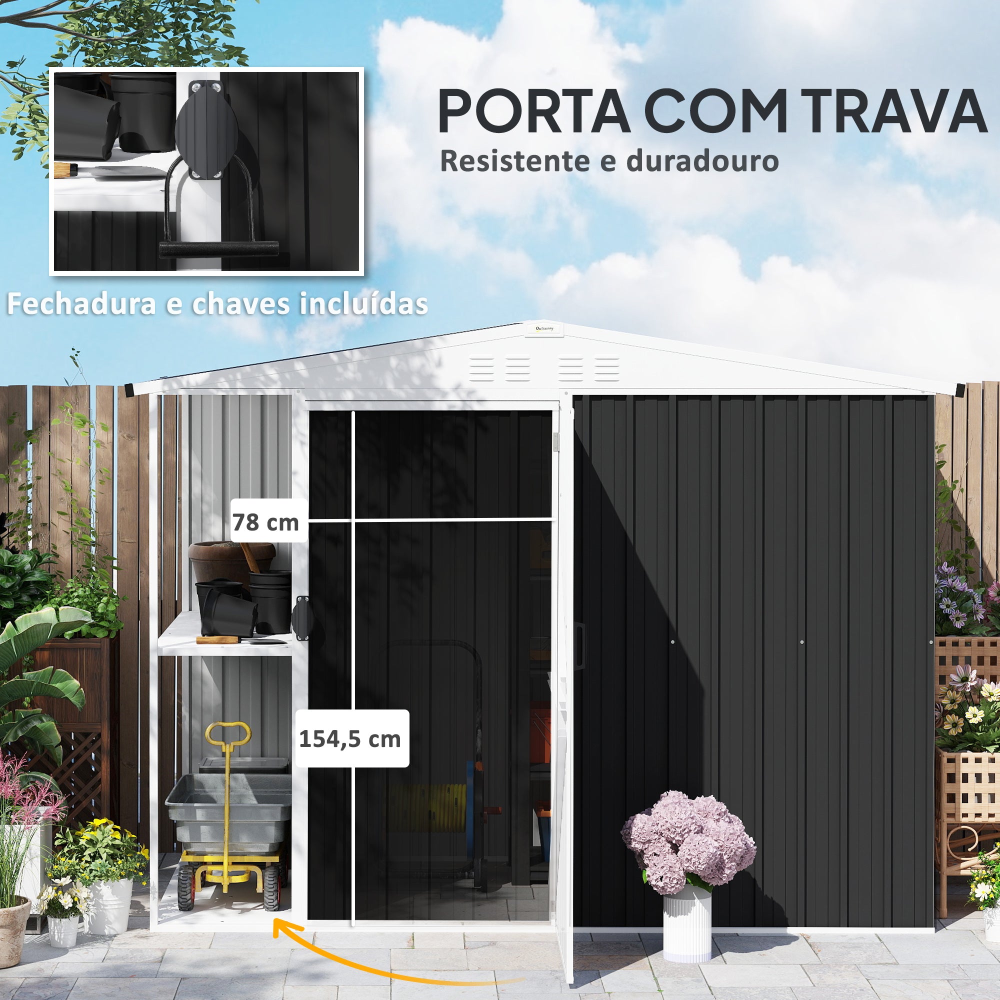Abrigo de Jardim 2,7m² Cinza Escuro 245x117x180 cm com Prateleira e Ventilação