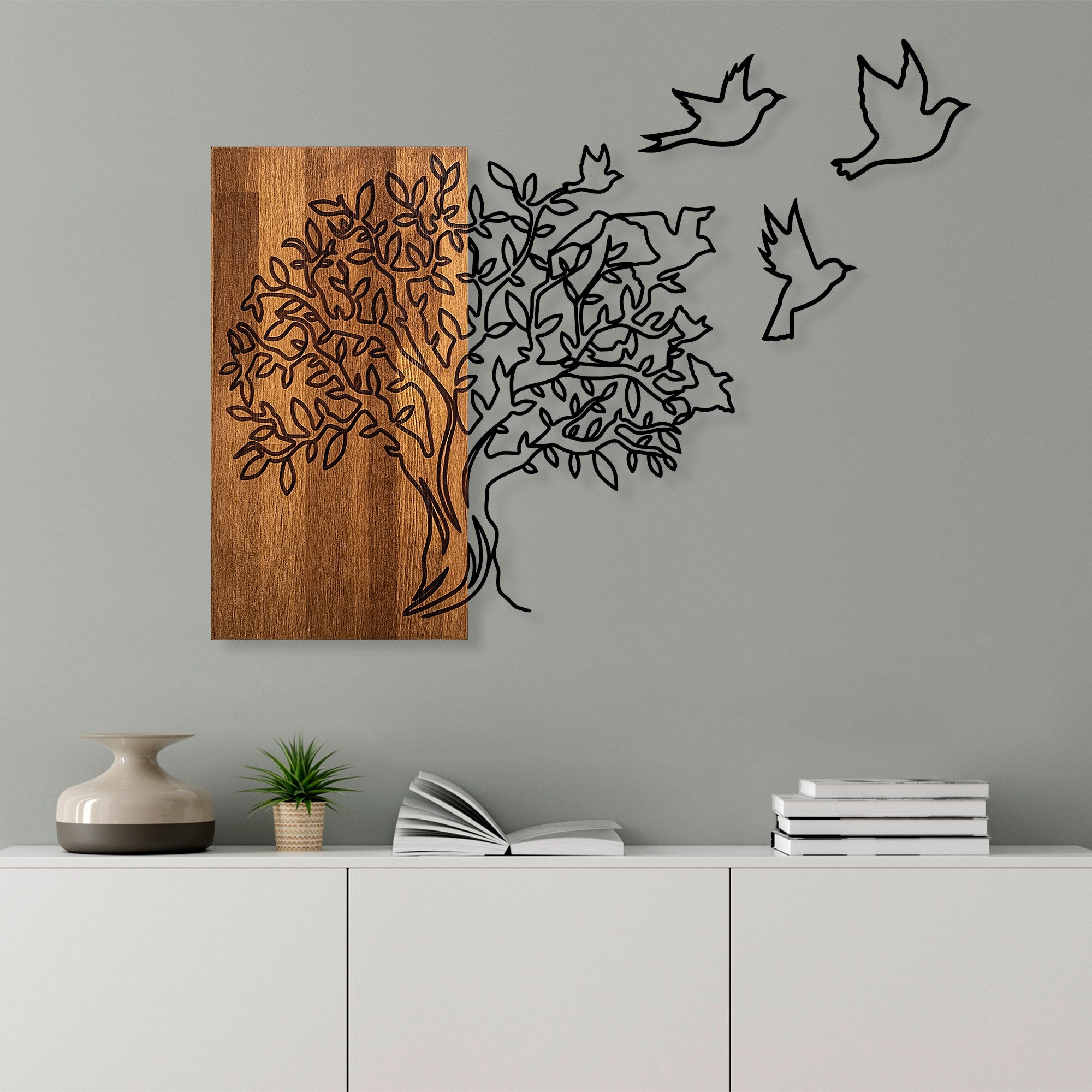 Elegante acessório decorativo de parede de madeira, nogueira e preto, 61 x 58 cm | 100% madeira (3 cm) e metal (1,5 mm) | Fácil montagem na parede, decoração elegante para casa