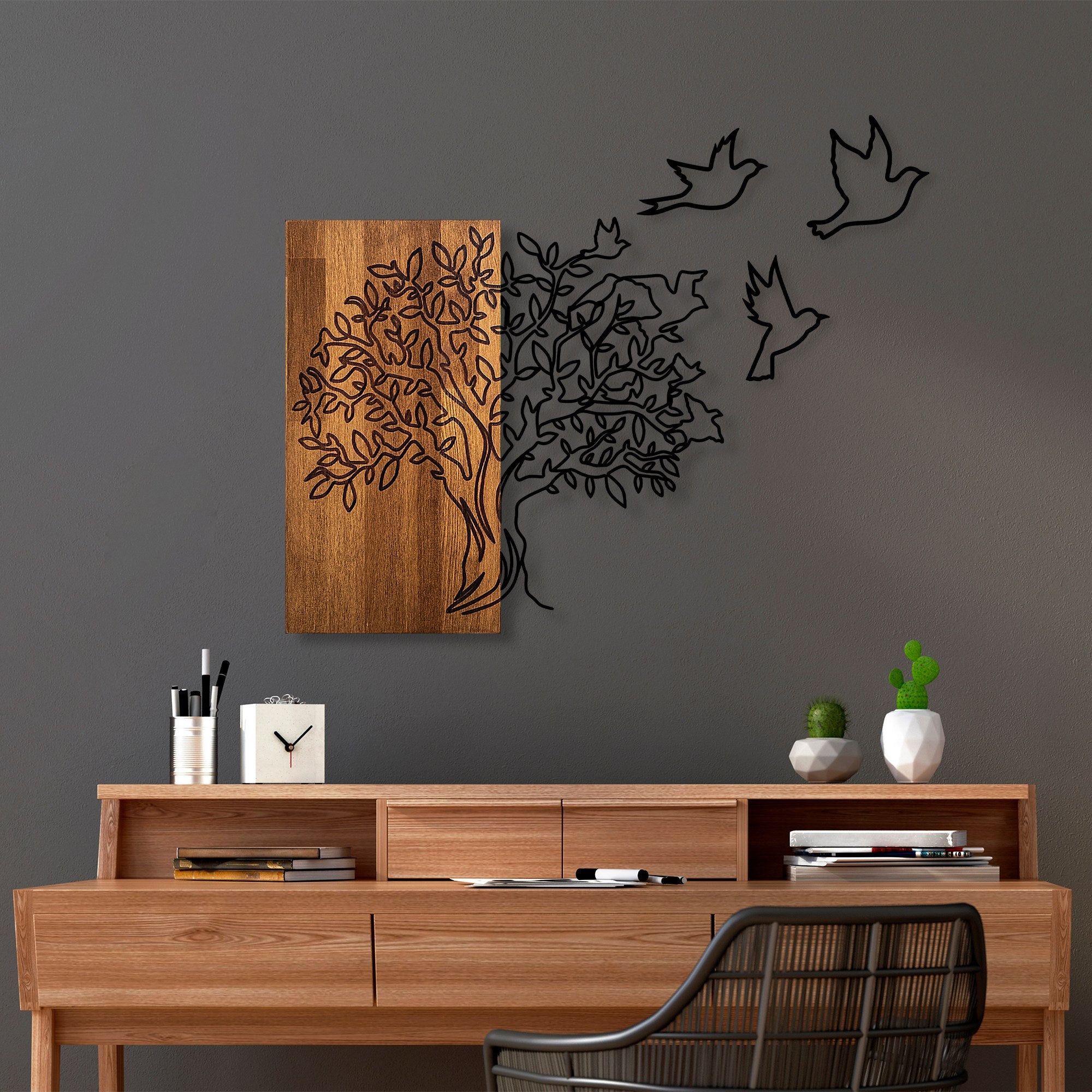 Elegante acessório decorativo de parede de madeira, nogueira e preto, 61 x 58 cm | 100% madeira (3 cm) e metal (1,5 mm) | Fácil montagem na parede, decoração elegante para casa
