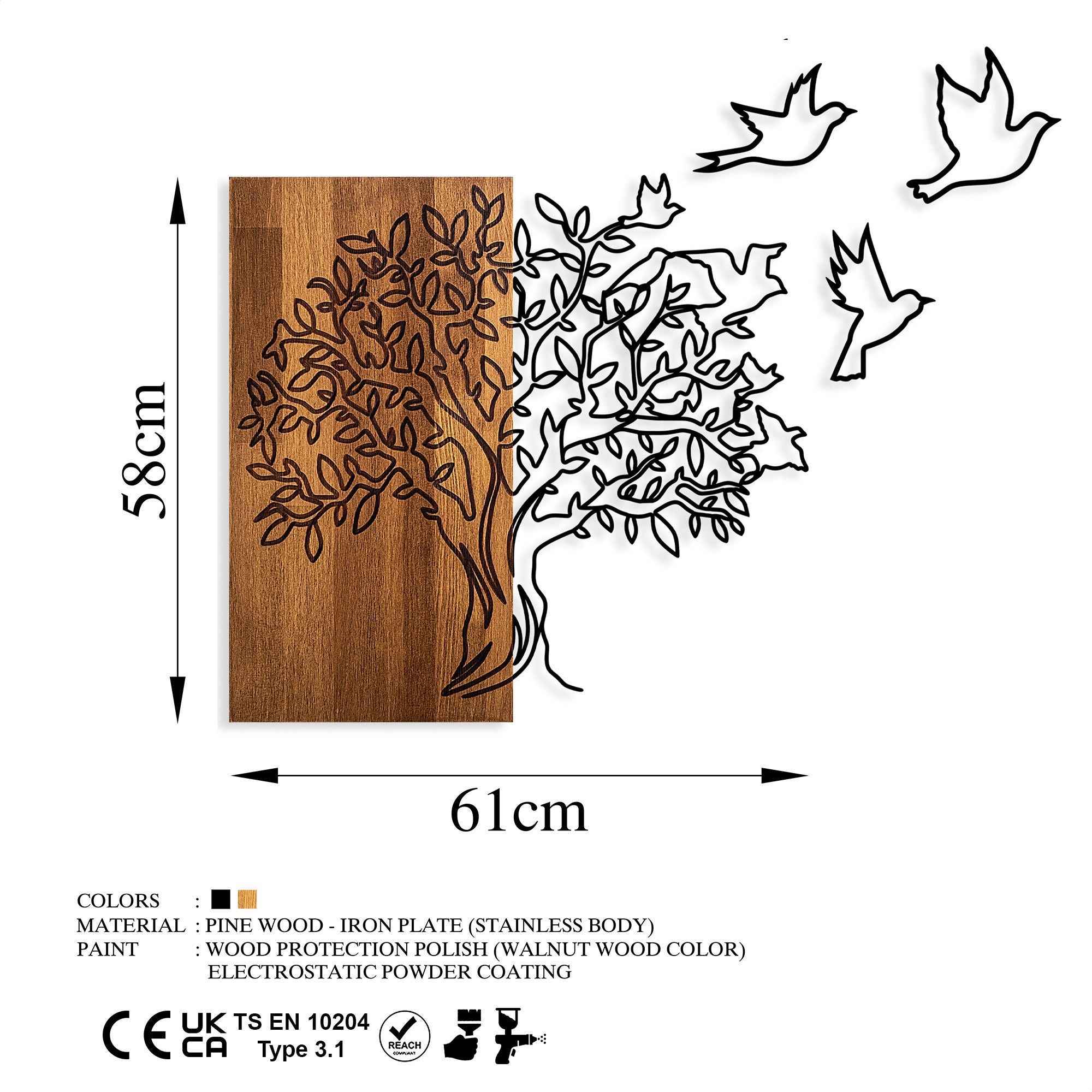 Elegante acessório decorativo de parede de madeira, nogueira e preto, 61 x 58 cm | 100% madeira (3 cm) e metal (1,5 mm) | Fácil montagem na parede, decoração elegante para casa
