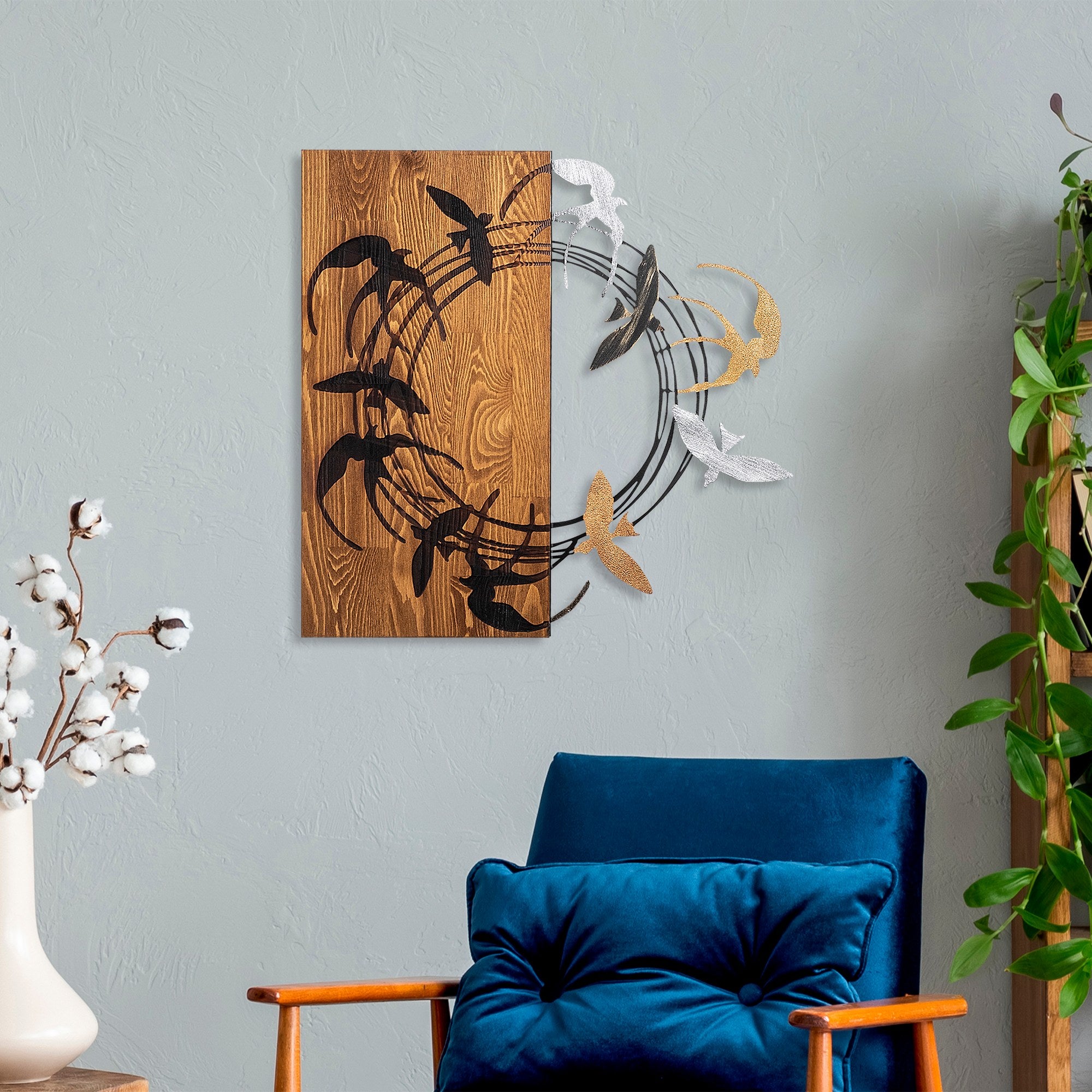 Elegante acessório decorativo de parede em madeira, 58 x 58 cm, 100% madeira (3 cm) e metal (1,5 mm) | Design elegante em nogueira e preto, fácil montagem na parede