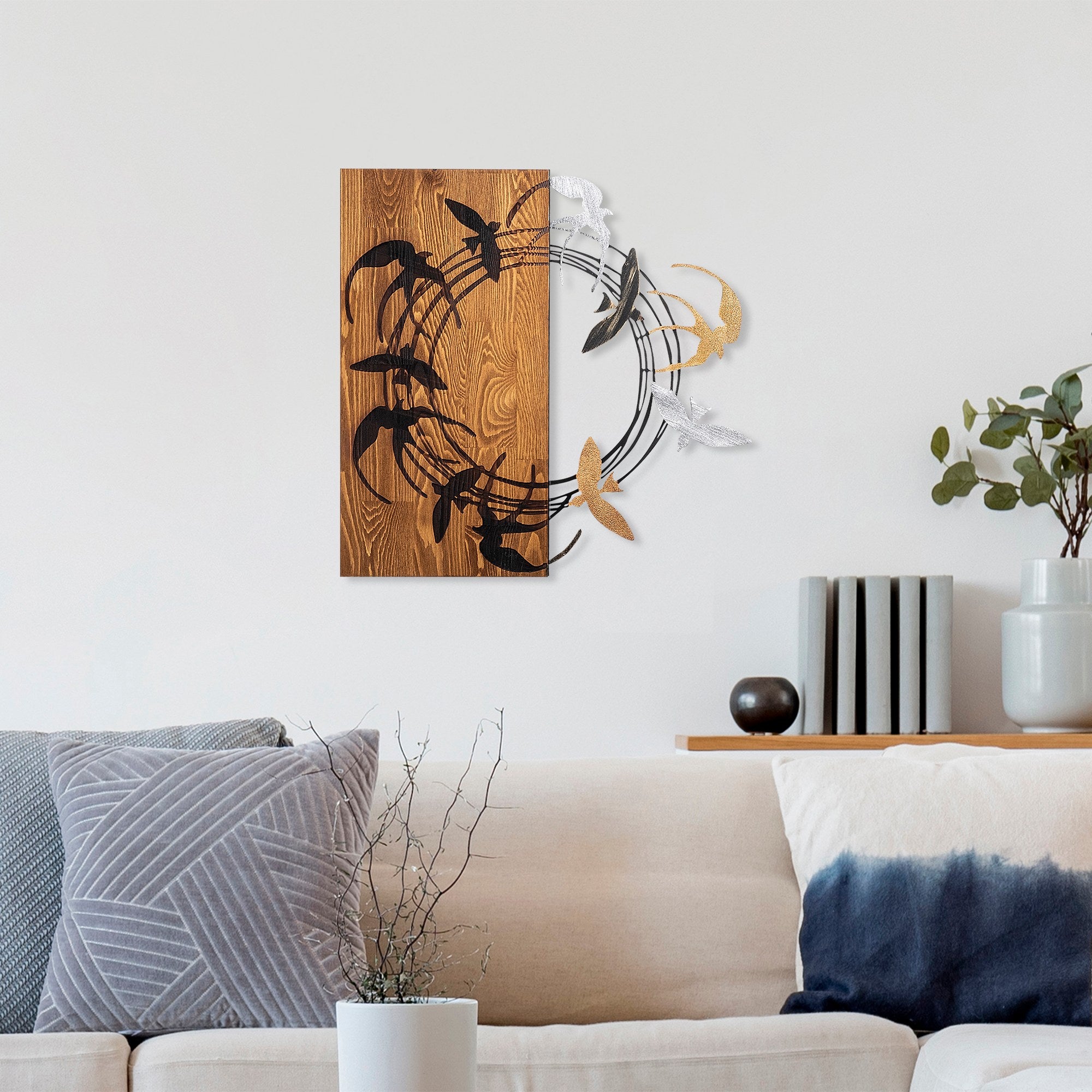 Elegante acessório decorativo de parede em madeira, 58 x 58 cm, 100% madeira (3 cm) e metal (1,5 mm) | Design elegante em nogueira e preto, fácil montagem na parede