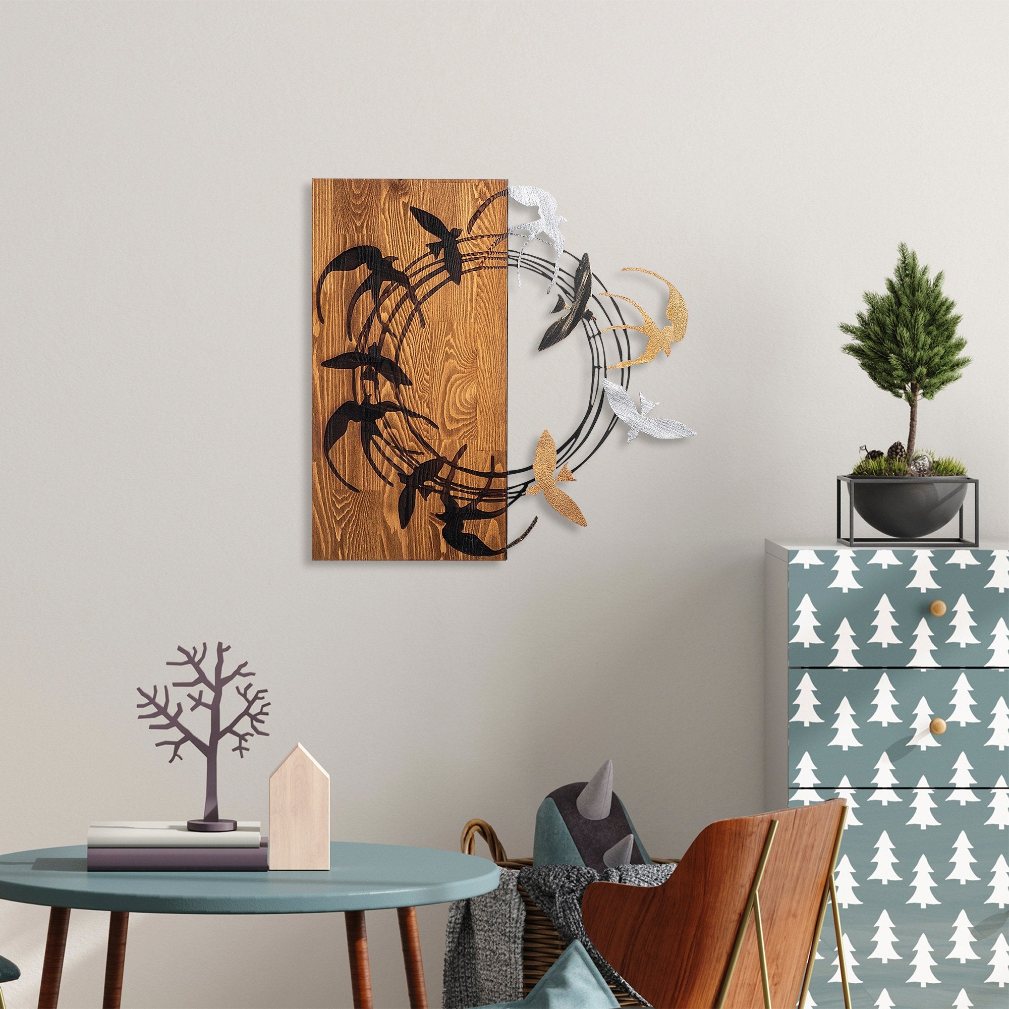 Elegante acessório decorativo de parede em madeira, 58 x 58 cm, 100% madeira (3 cm) e metal (1,5 mm) | Design elegante em nogueira e preto, fácil montagem na parede