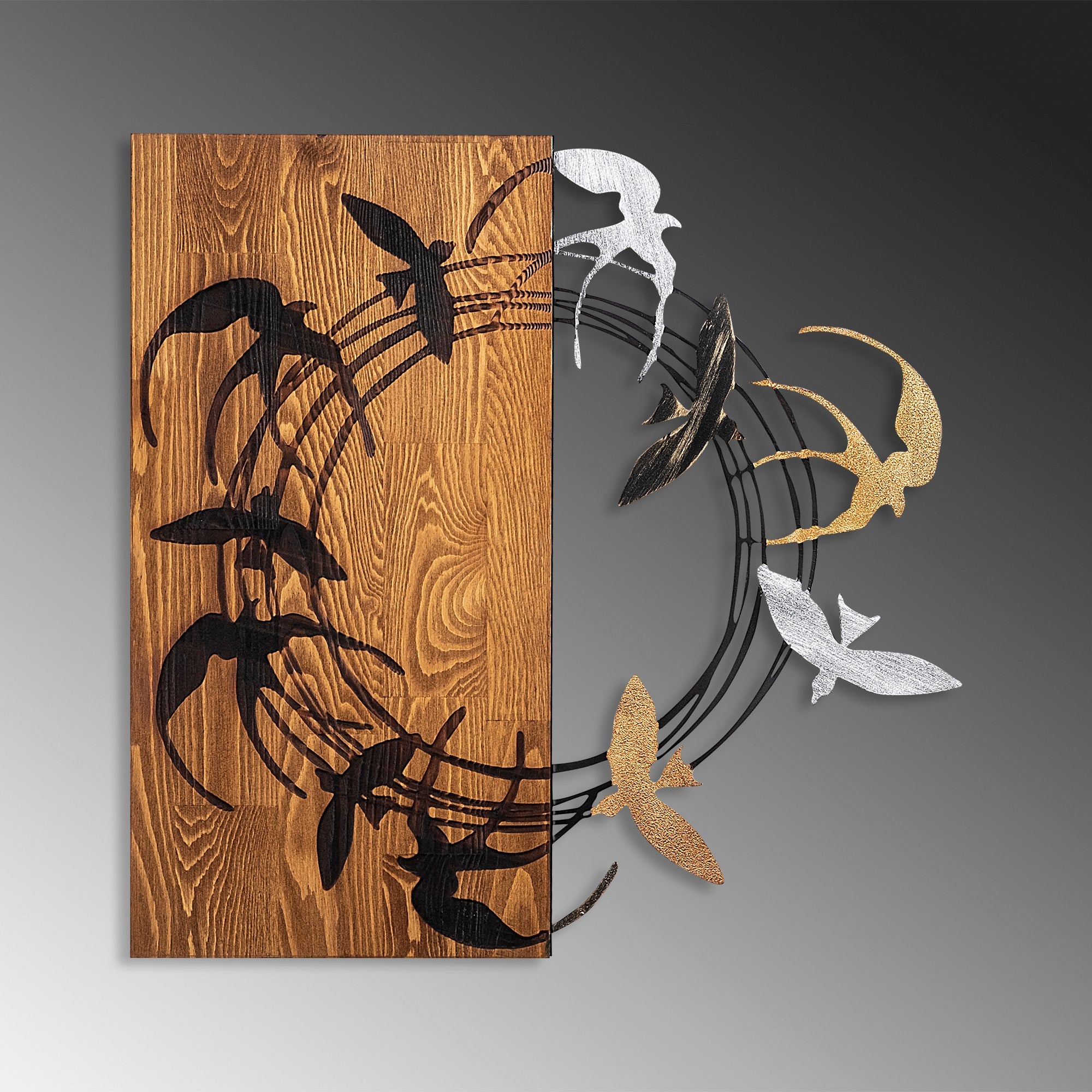Elegante acessório decorativo de parede em madeira, 58 x 58 cm, 100% madeira (3 cm) e metal (1,5 mm) | Design elegante em nogueira e preto, fácil montagem na parede
