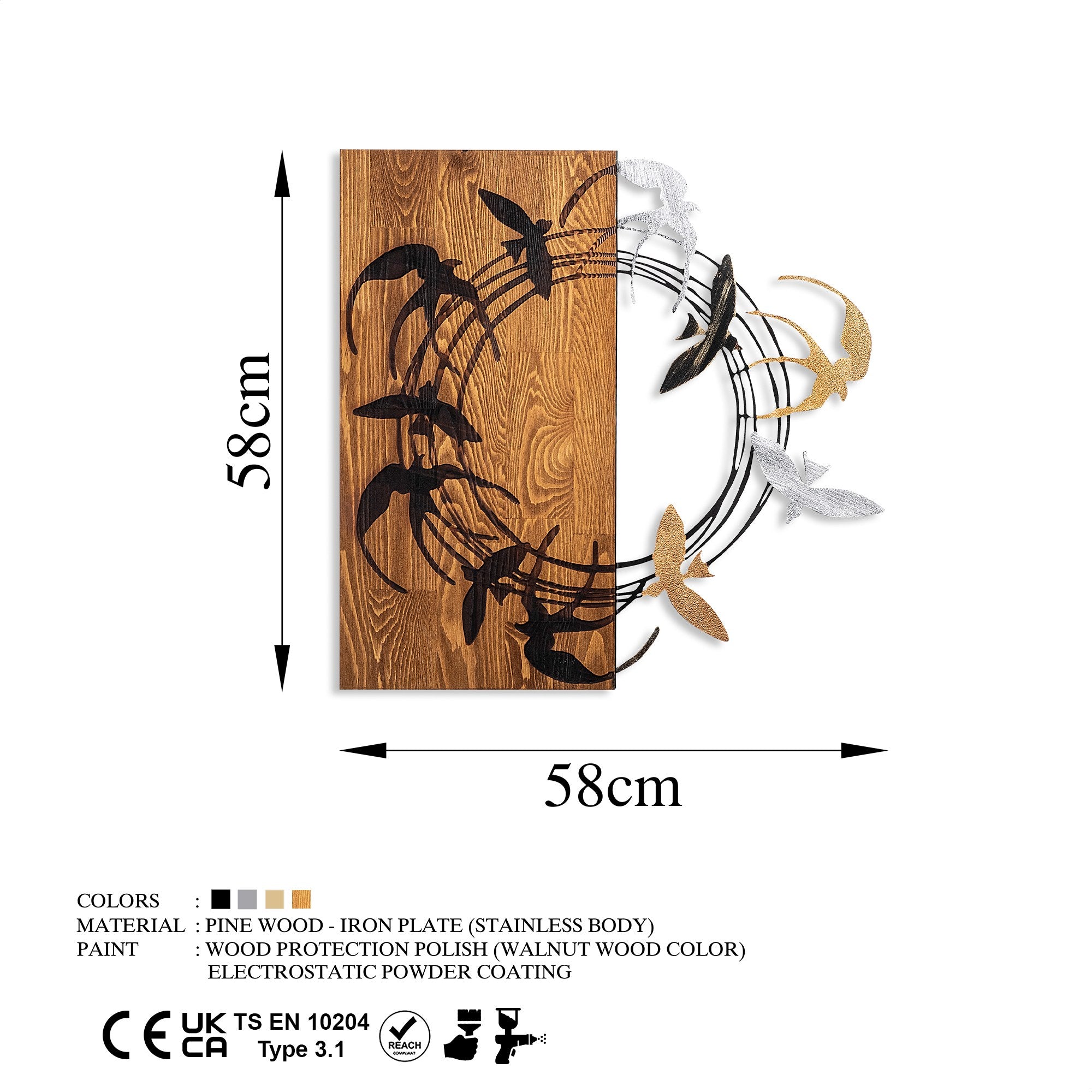 Elegante acessório decorativo de parede em madeira, 58 x 58 cm, 100% madeira (3 cm) e metal (1,5 mm) | Design elegante em nogueira e preto, fácil montagem na parede