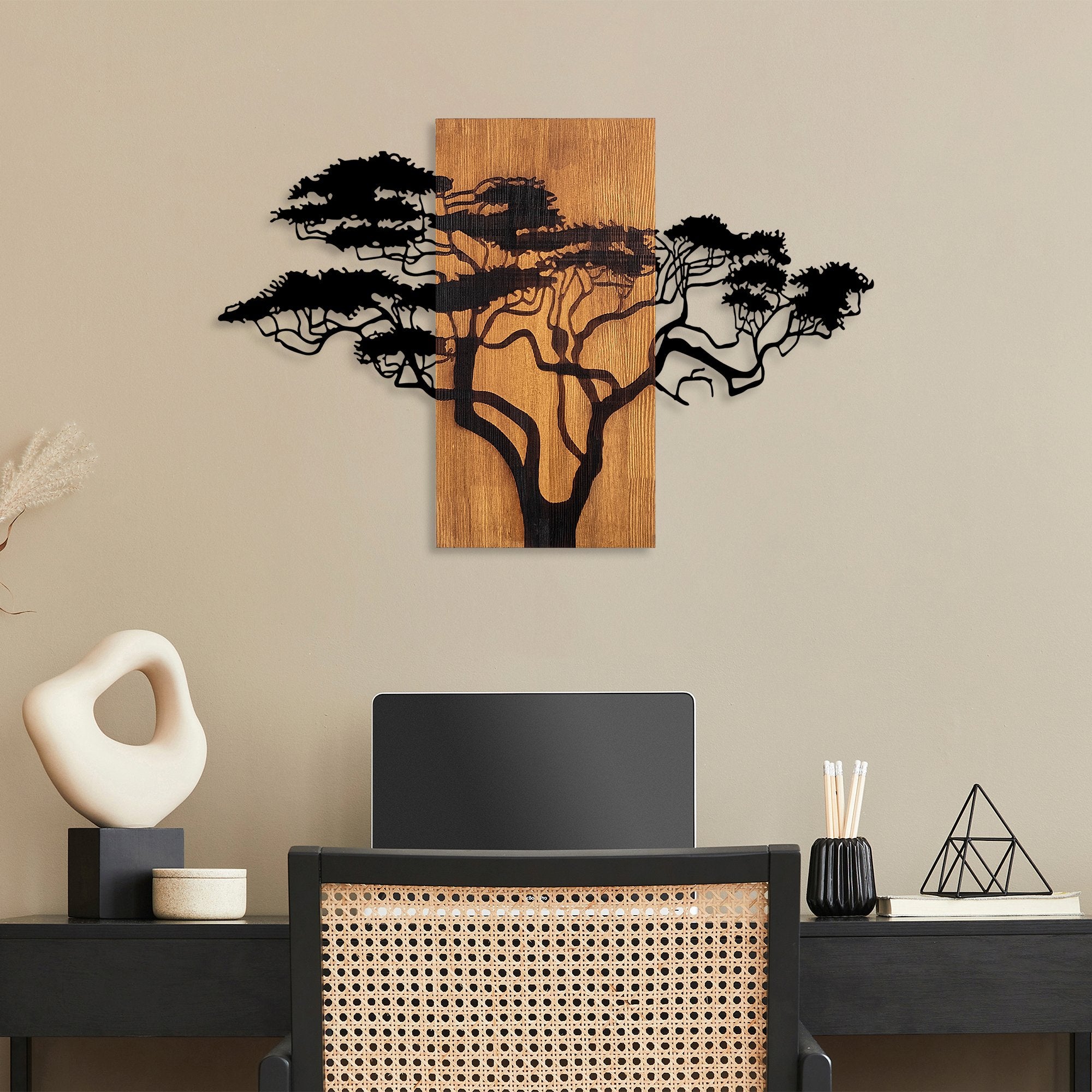Acessório decorativo de parede em madeira – 90 x 58 cm – nogueira e preto – 100% madeira genuína