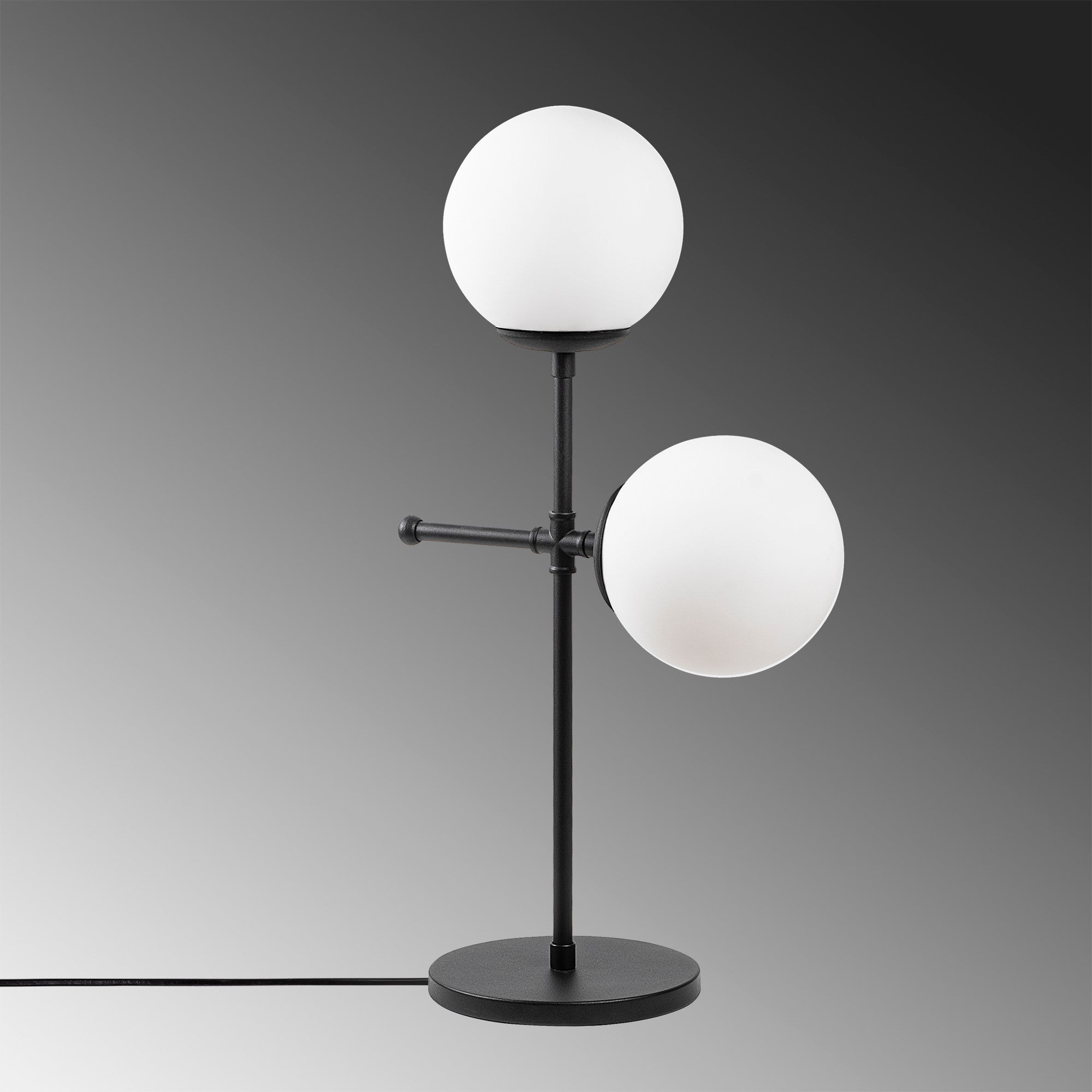 Candeeiro de Mesa Industrial Moderna, Corpo em Metal Preto, 55 cm de Altura, Tampa de Vidro de 15 cm, Cabo de 250 cm, Interruptor Liga/Desliga | Ideal para Decoração Escandinava