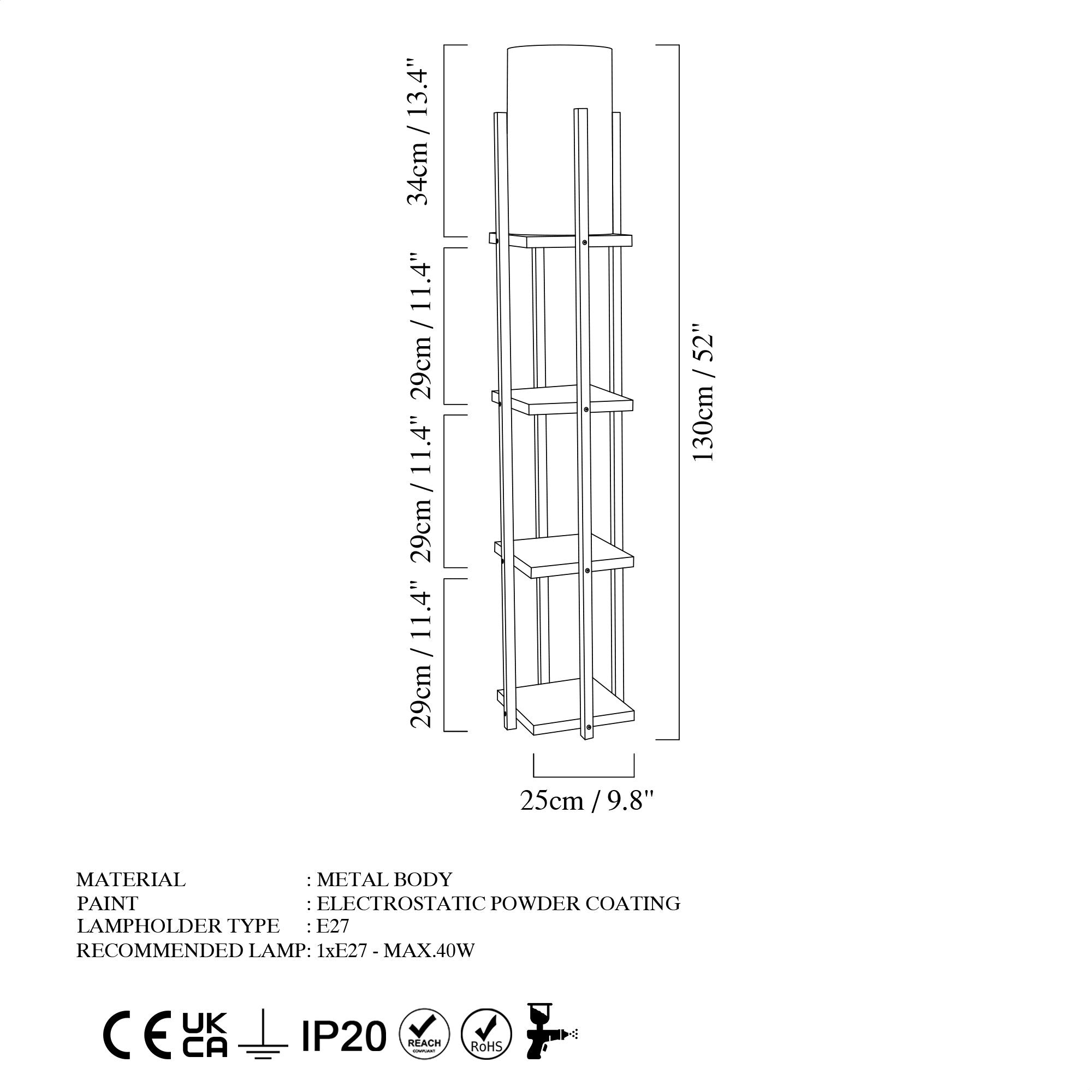 Candeeiro de Pé preta elegante, corpo de metal, 130 cm de altura | Soquete E27, 40 W máx., IP20 | Ideal para sala de estar e quarto, design elegante