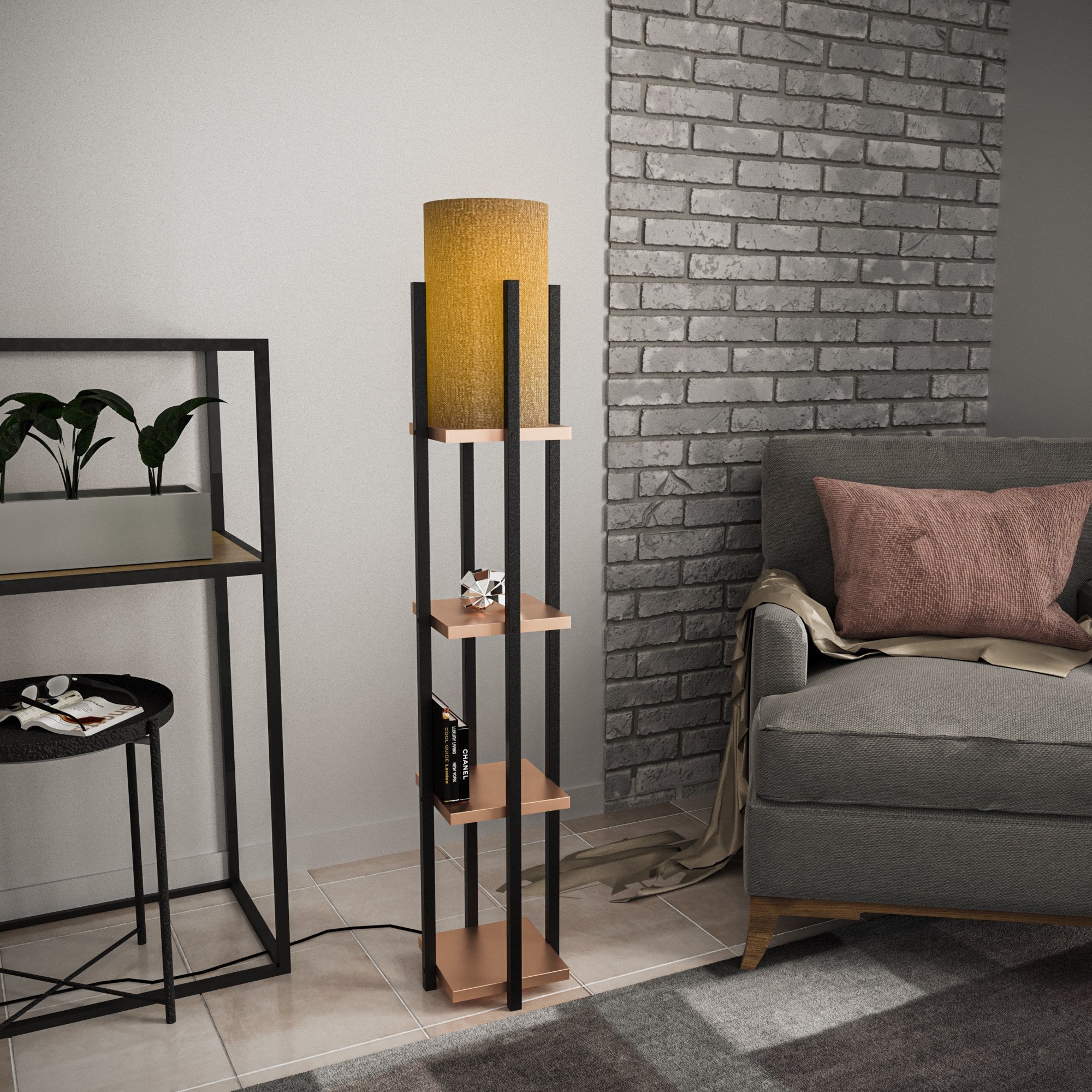 Candeeiro de Pé estilosa com corpo de metal, preta e cobre, 130 cm de altura | Soquete E27, 40 W máx., cabo de 200 cm | Design elegante para espaços modernos
