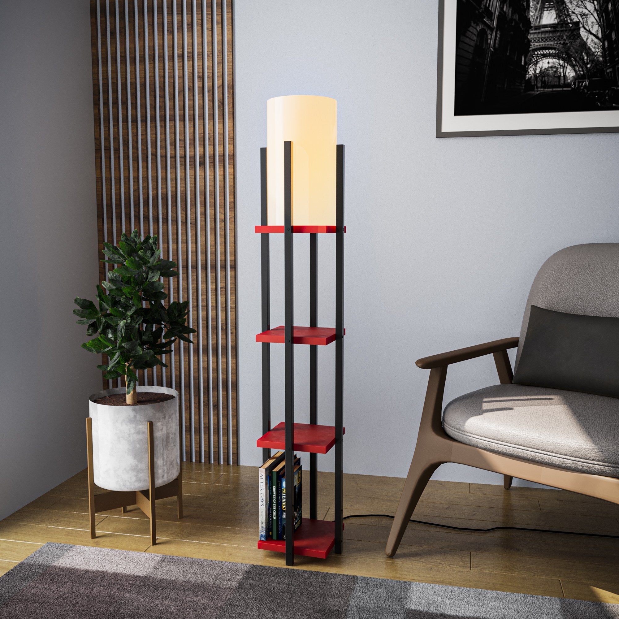 Candeeiro de Pé estilosa com corpo de metal, preta e vermelha, 130 cm de altura | Soquete E27, 40 W máx. | Base 25 x 25 cm, cabo 200 cm | Perfeita para decoração moderna