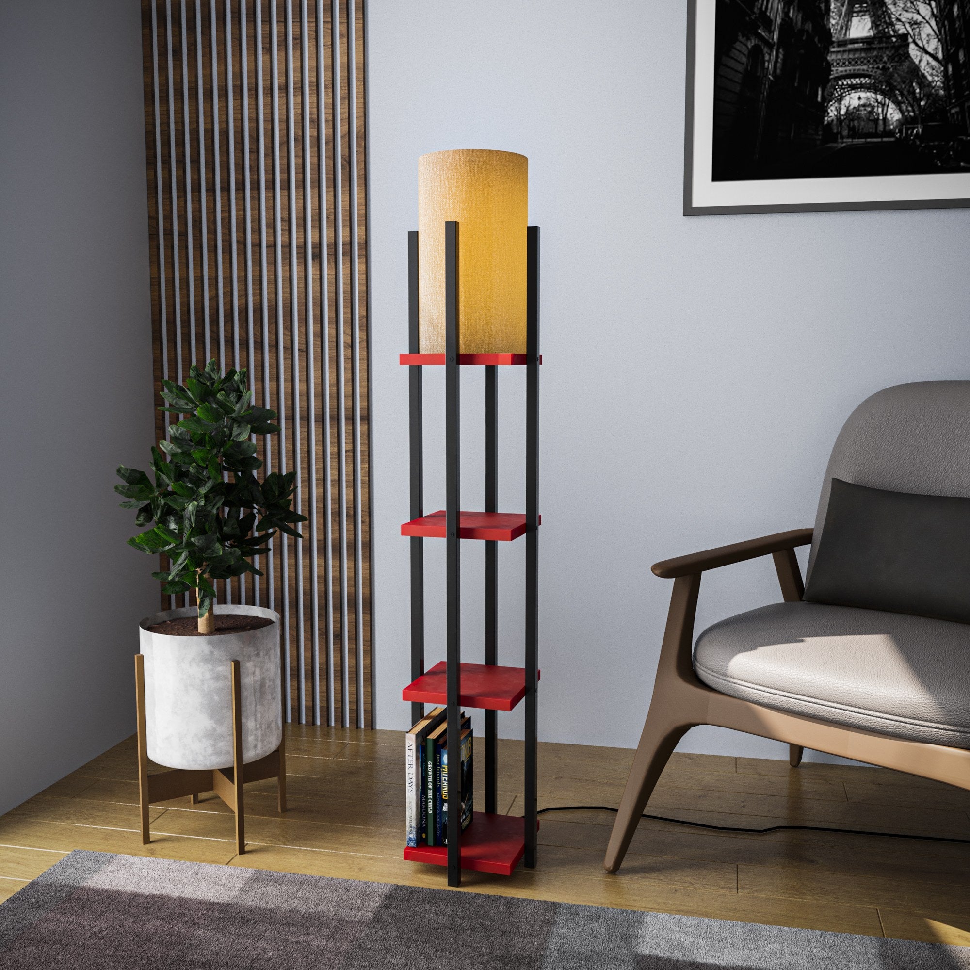 Candeeiro de Pé estilosa com corpo de metal, preta e vermelha, 130 cm de altura | Soquete E27, 40 W máx. | Base 25 x 25 cm, cabo 200 cm | Perfeita para decoração moderna