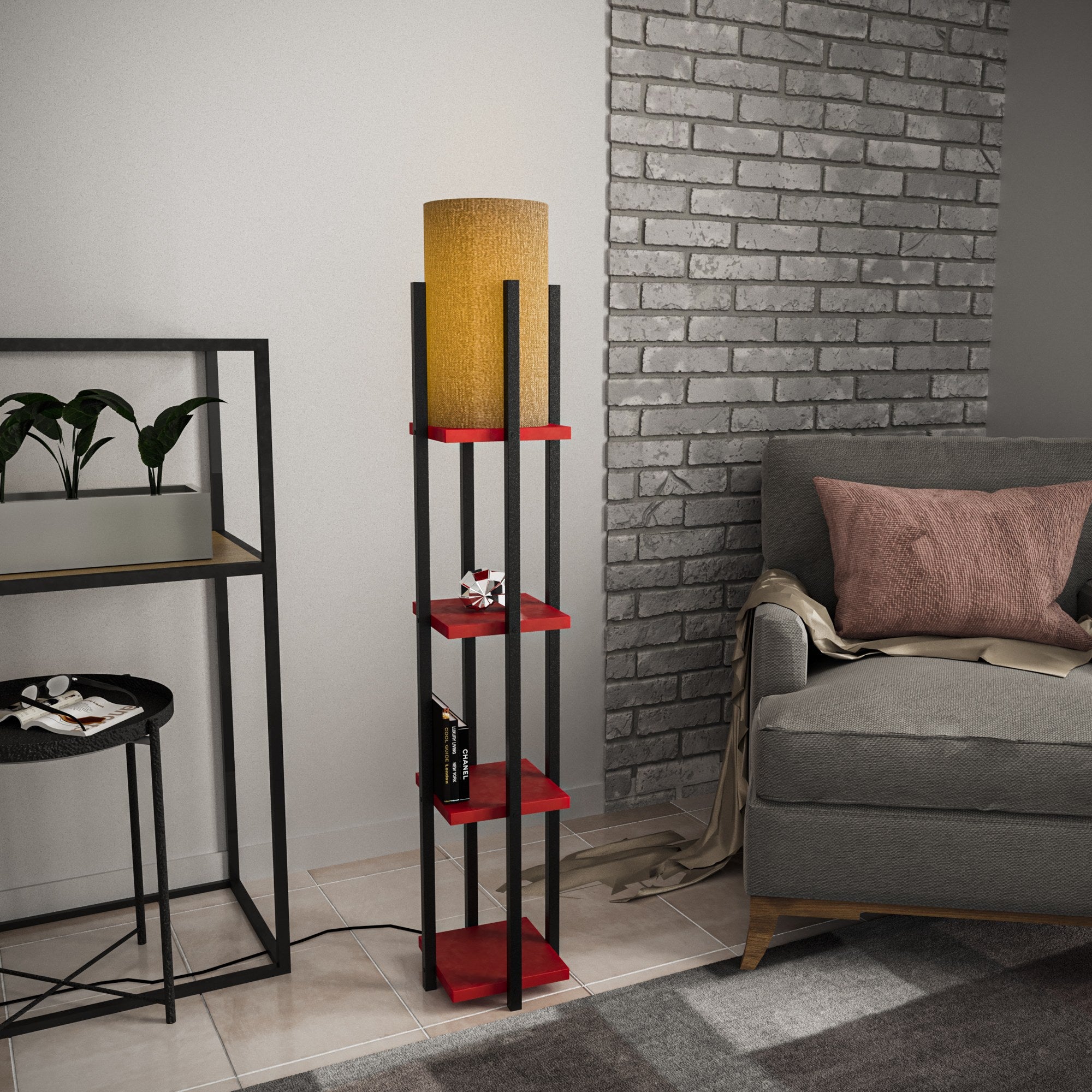 Candeeiro de Pé estilosa com corpo de metal, preta e vermelha, 130 cm de altura | Soquete E27, 40 W máx. | Base 25 x 25 cm, cabo 200 cm | Perfeita para decoração moderna