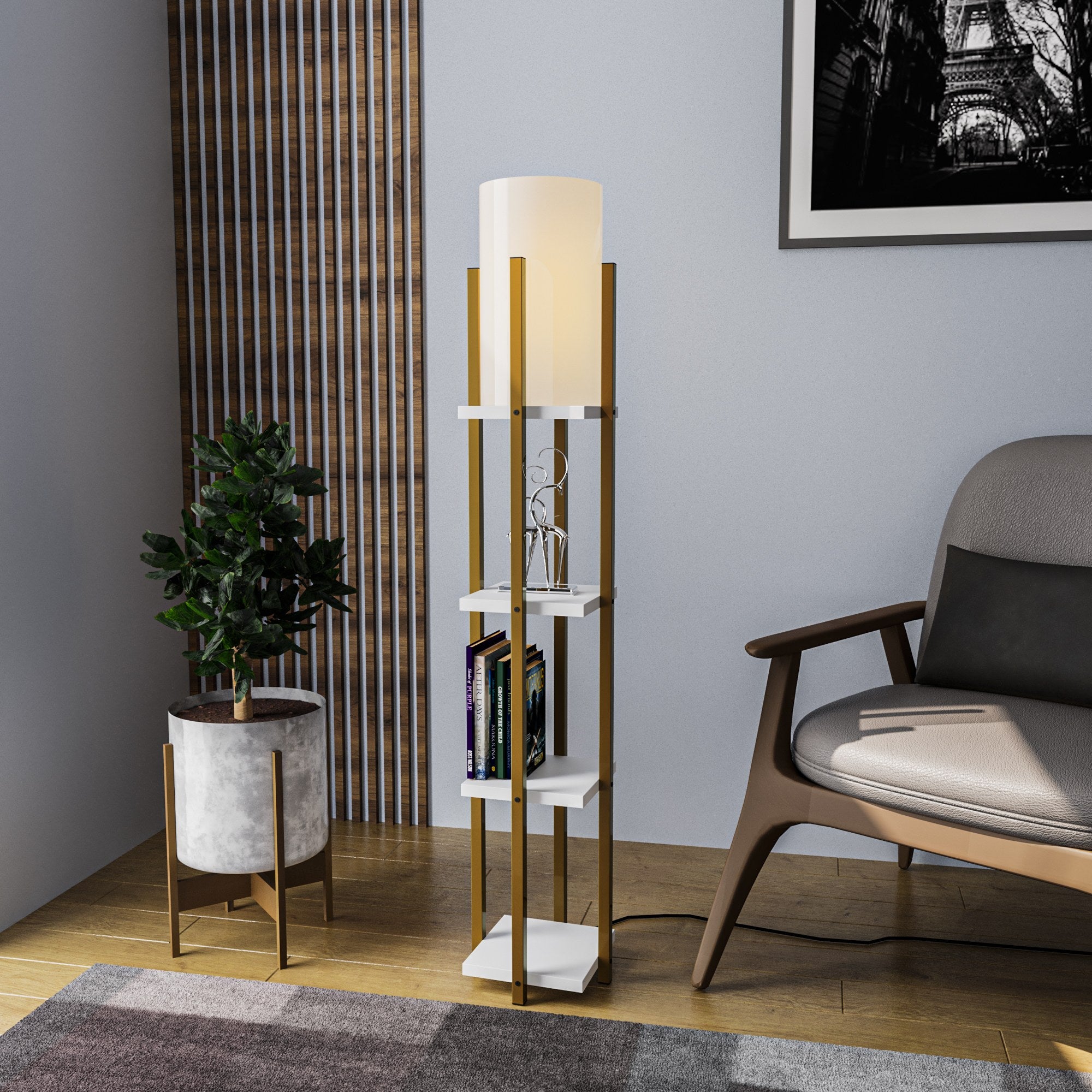 Candeeiro de Pé – 130 cm de Altura – Dourado e Branco – Metal