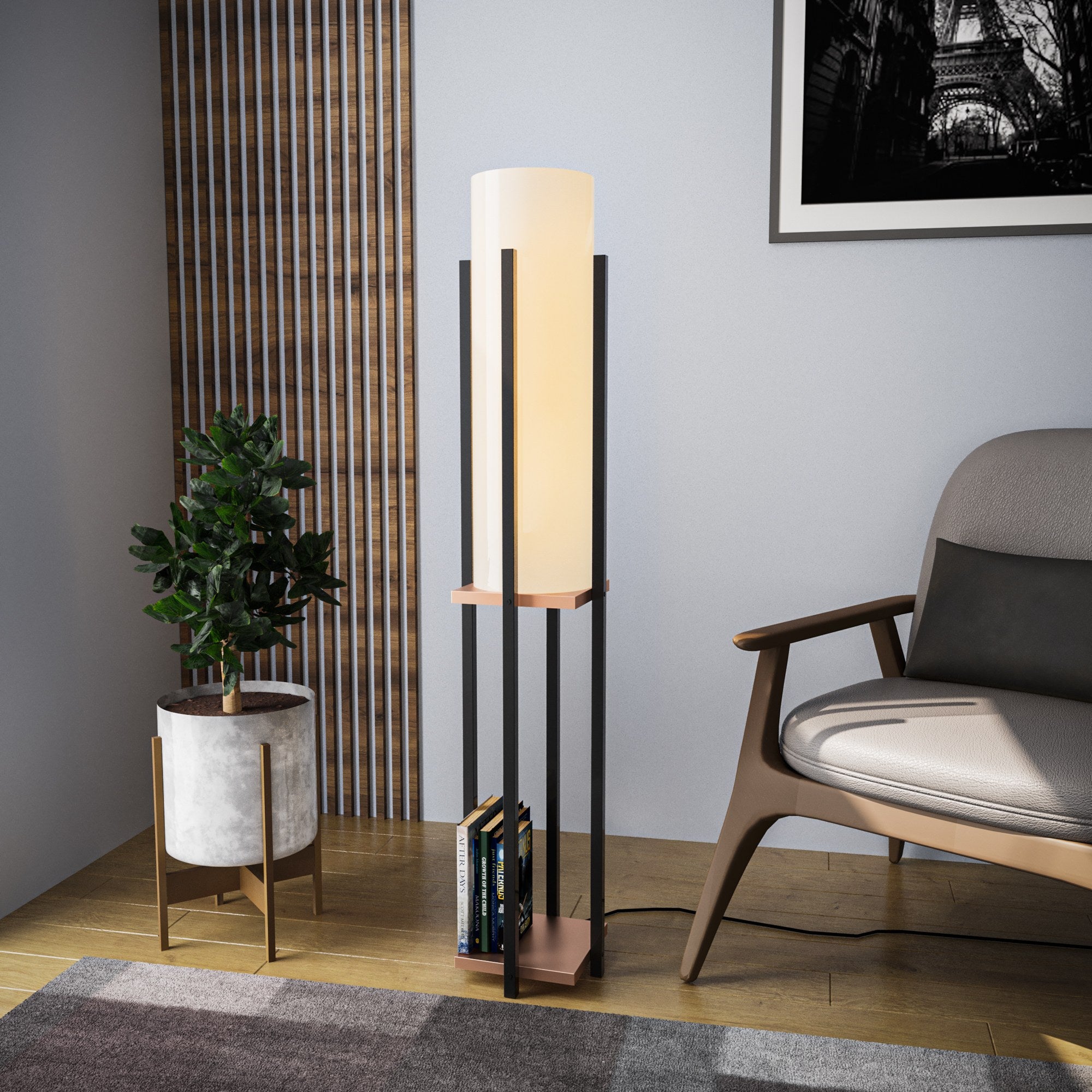 Candeeiro de Pé estilosa com corpo de metal, preta e cobre, 130 cm de altura | Soquete E27, 40 W máx., cabo de 200 cm | Design elegante para espaços modernos