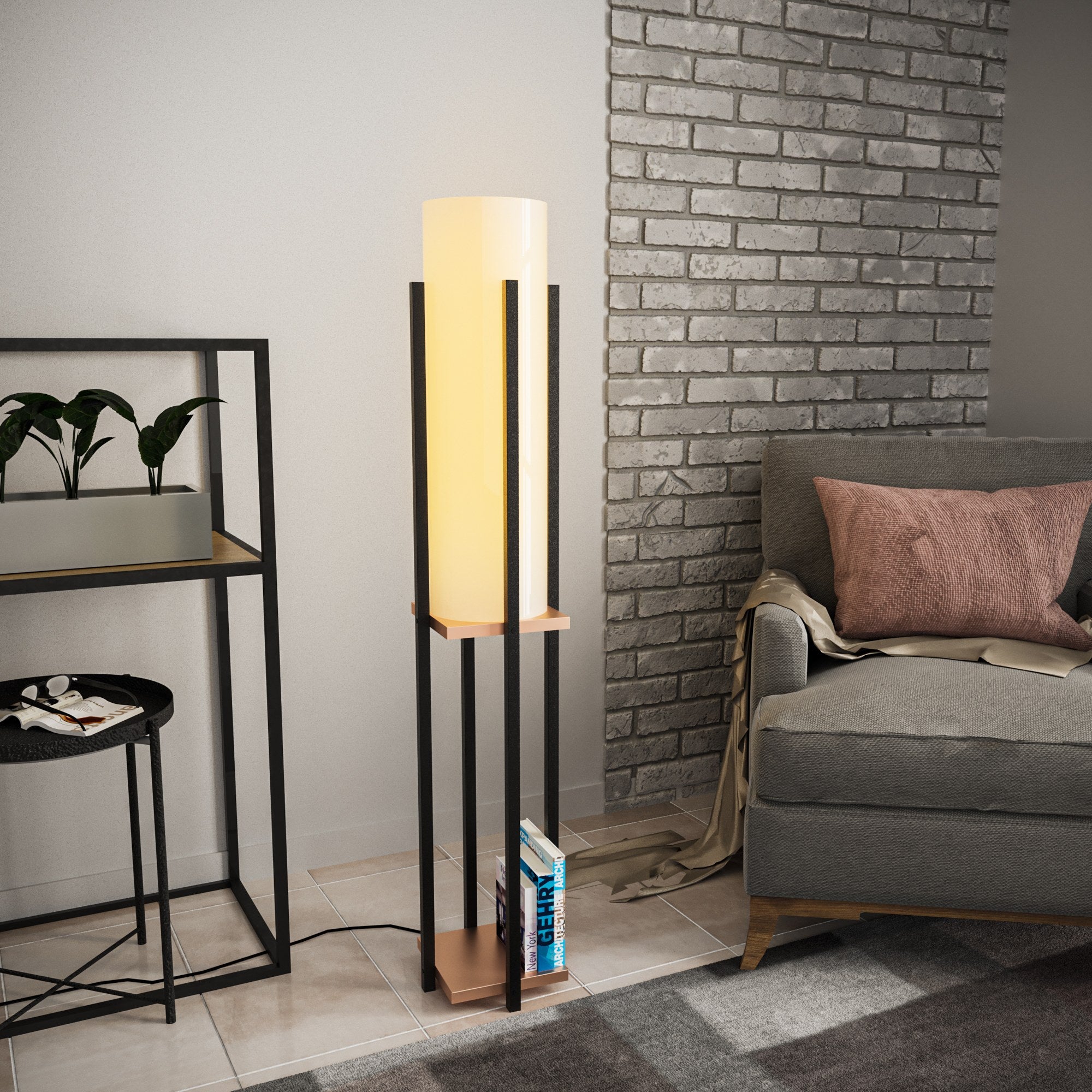 Candeeiro de Pé estilosa com corpo de metal, preta e cobre, 130 cm de altura | Soquete E27, 40 W máx., cabo de 200 cm | Design elegante para espaços modernos