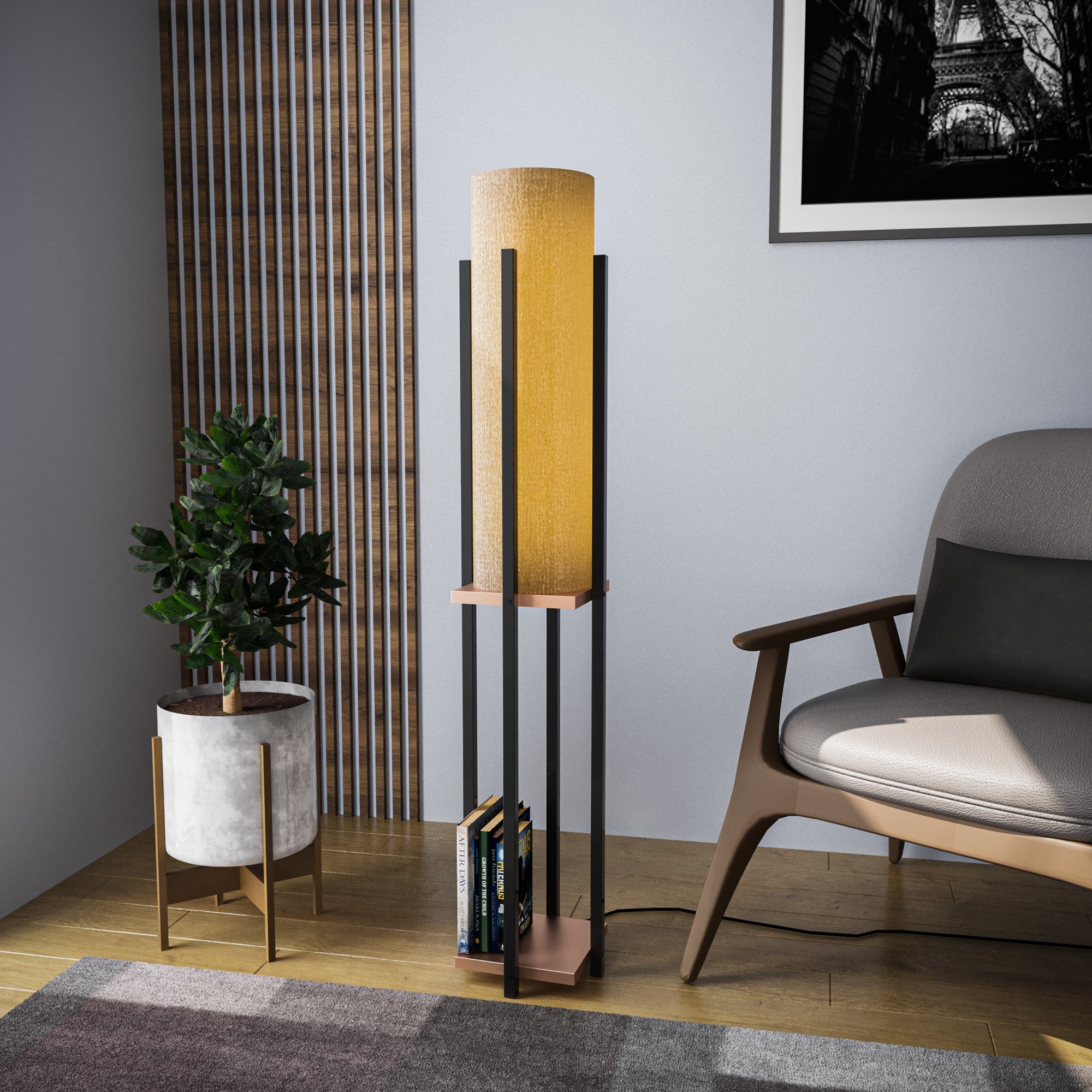 Candeeiro de Pé estilosa com corpo de metal, preta e cobre, 130 cm de altura | Soquete E27, 40 W máx., cabo de 200 cm | Design elegante para espaços modernos