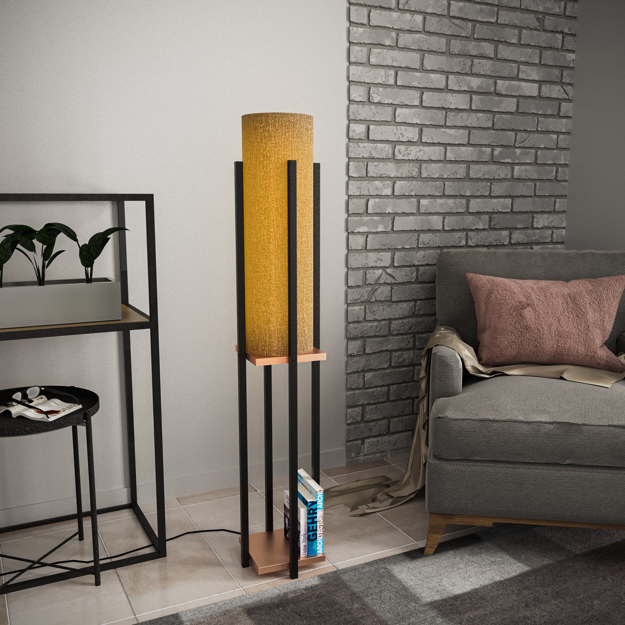 Candeeiro de Pé estilosa com corpo de metal, preta e cobre, 130 cm de altura | Soquete E27, 40 W máx., cabo de 200 cm | Design elegante para espaços modernos