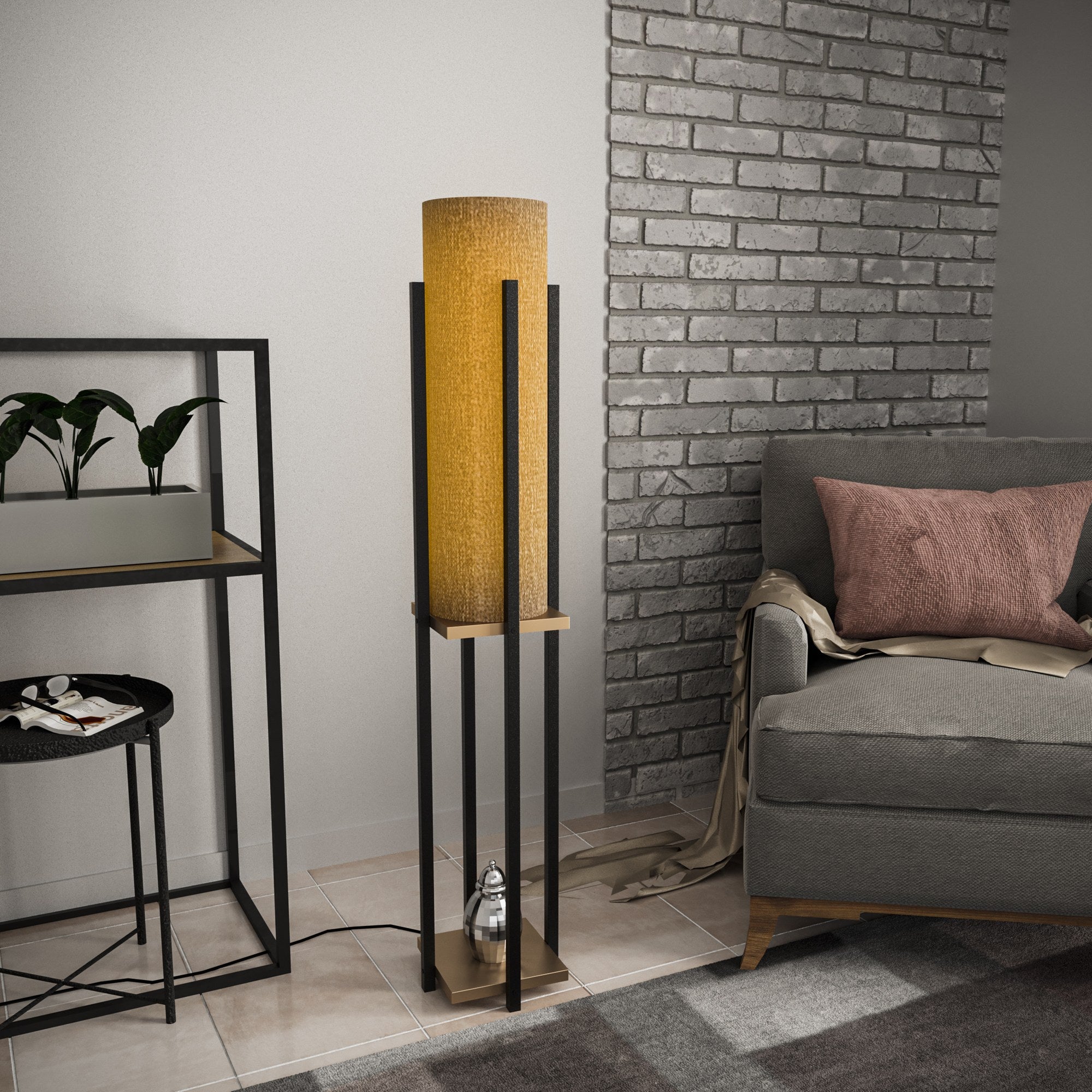 Candeeiro de Pé Elegante Preta e Dourada, 130 cm de Altura | Corpo em Metal, Base em Tecido, Soquete E27, Cabo de 200 cm | Iluminação Elegante para Decoração Moderna