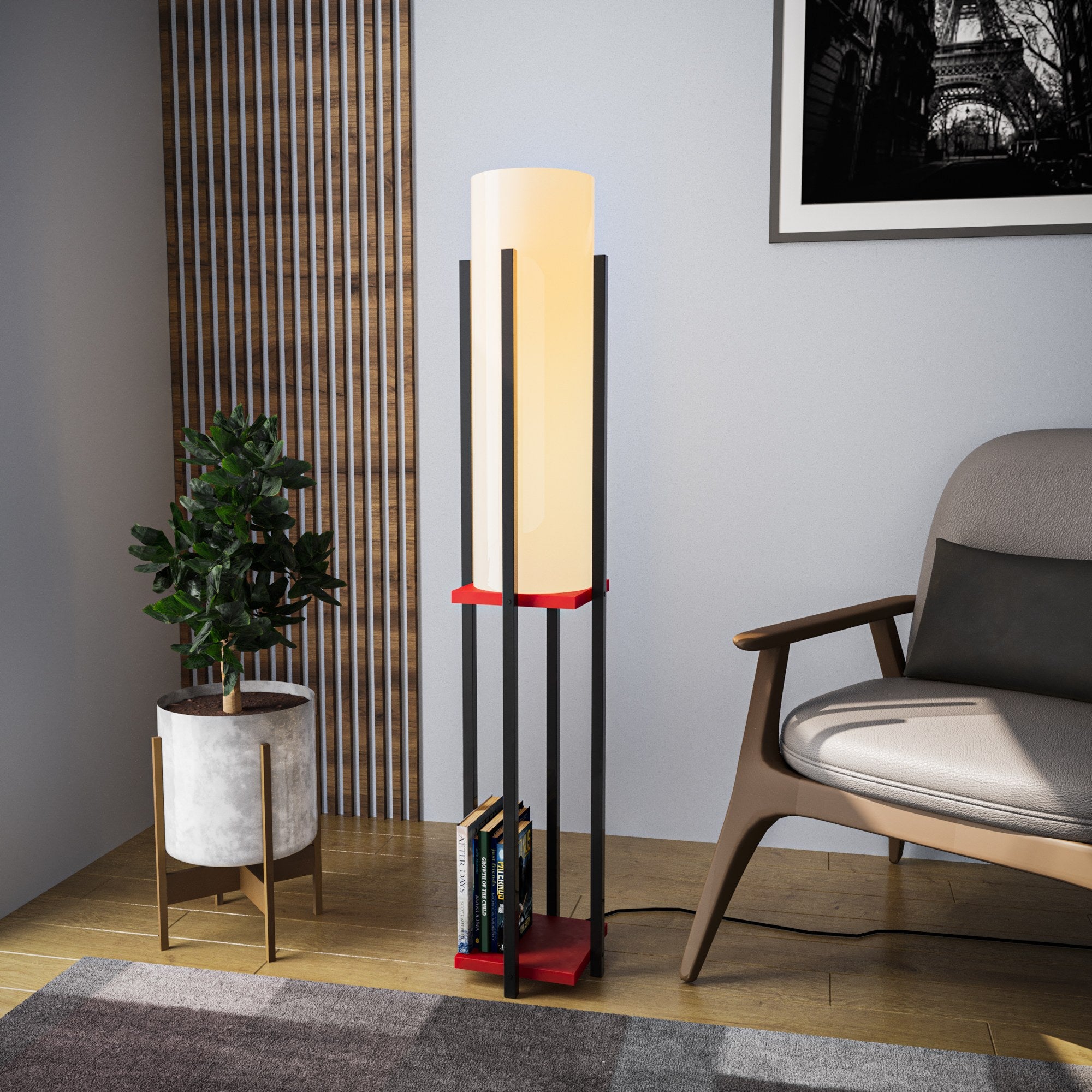Candeeiro de Pé estilosa com corpo de metal, preta e vermelha, 130 cm de altura | Soquete E27, 40 W máx. | Base 25 x 25 cm, cabo 200 cm | Perfeita para decoração e iluminação modernas