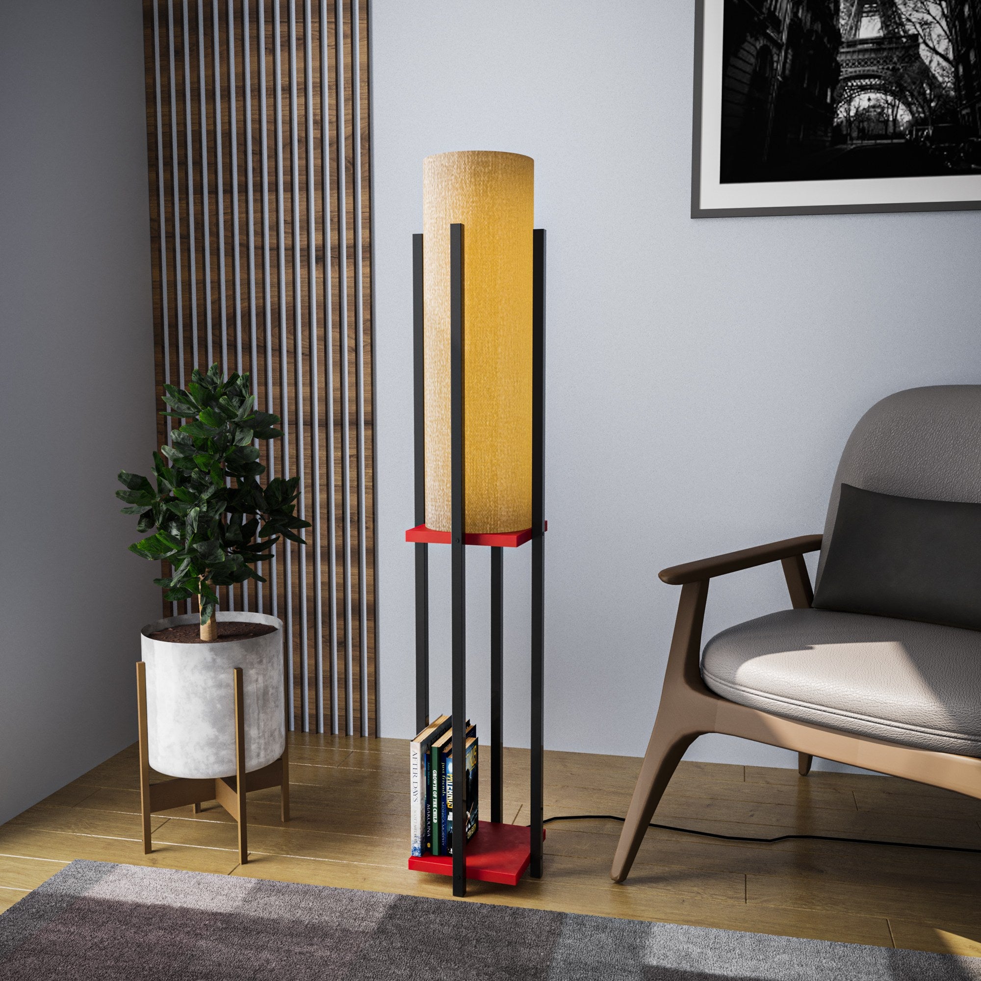 Candeeiro de Pé estilosa com corpo de metal, preta e vermelha, 130 cm de altura | Soquete E27, 40 W máx. | Base 25 x 25 cm, cabo 200 cm | Perfeita para decoração e iluminação modernas