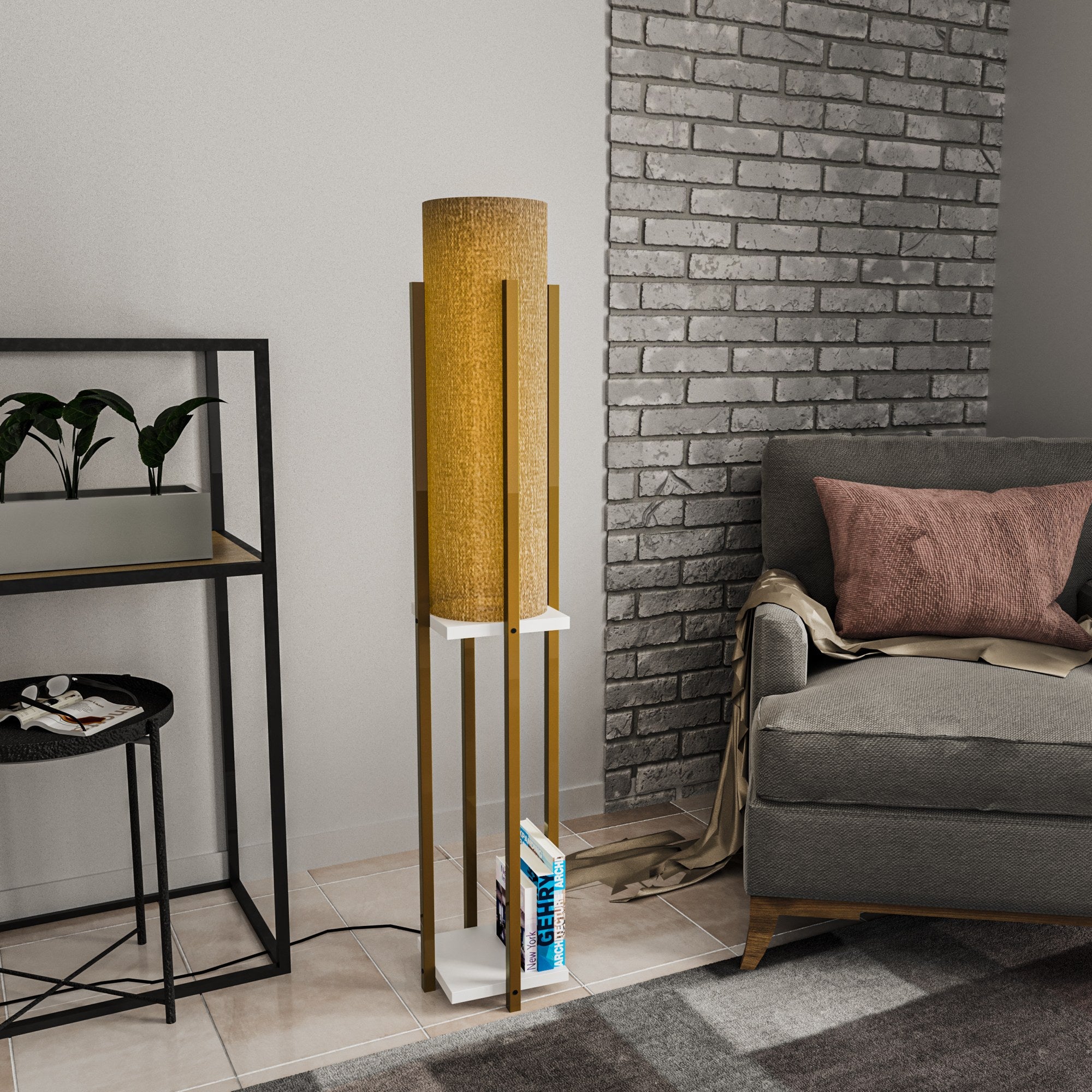 Candeeiro de Pé Elegante em Dourado e Branco, Corpo em Metal, 130 cm de Altura, Soquete E27, Cabo de 200 cm, IP20 | Iluminação Elegante para Decoração Moderna e Espaços de Convivência