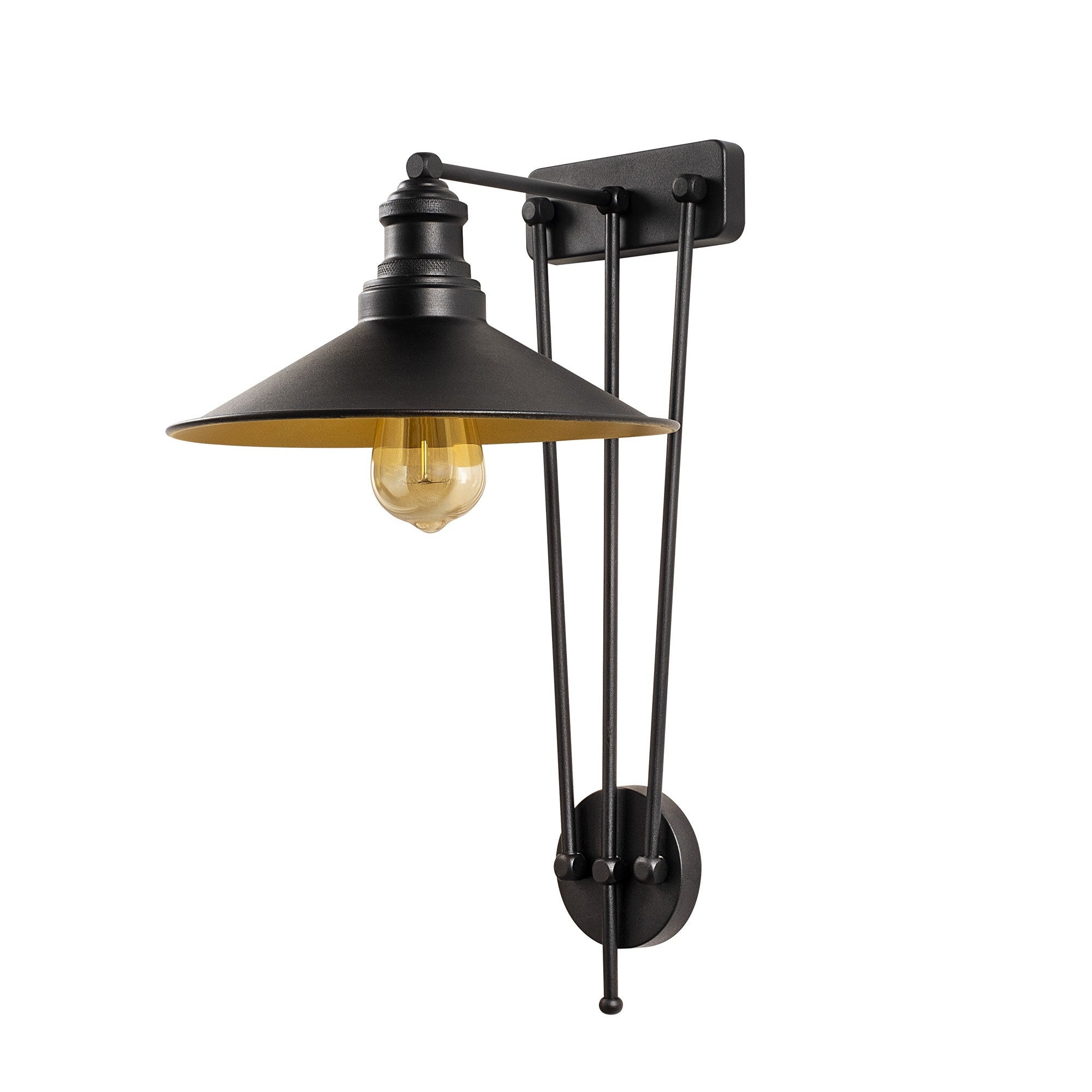Candeeiro de Parede Industrial, Preta e Dourada, 28 x 34 cm, Altura 53 cm | Corpo em Metal, Soquete E27 Máx. 40 W | Iluminação Elegante para Espaços Modernos, IP20