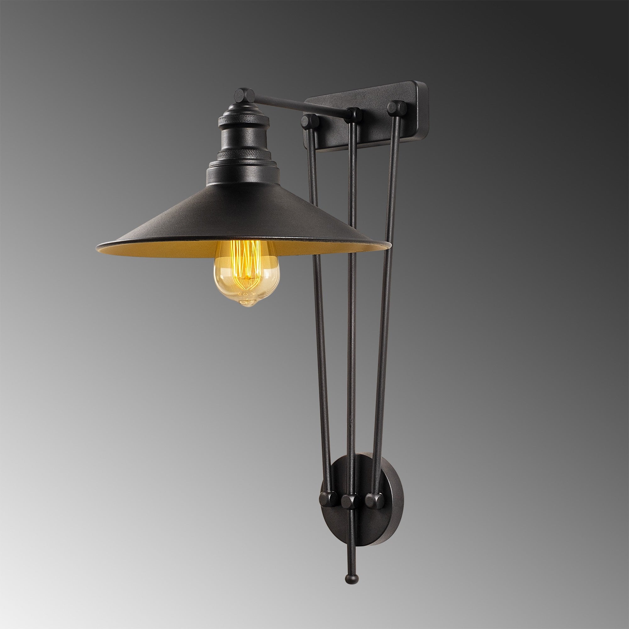 Candeeiro de Parede Industrial, Preta e Dourada, 28 x 34 cm, Altura 53 cm | Corpo em Metal, Soquete E27 Máx. 40 W | Iluminação Elegante para Espaços Modernos, IP20