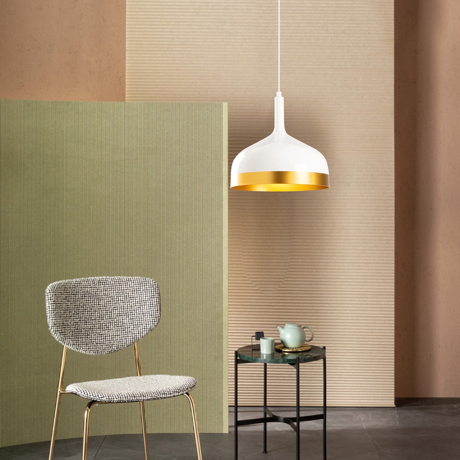 Candeeiro de Teto – 30 cm de diâmetro – Branco e dourado – Metálico
