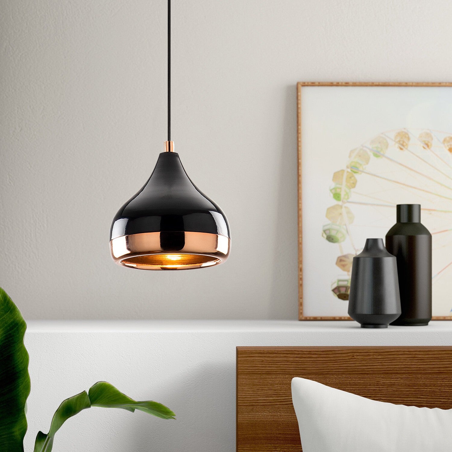 Candeeiro de Teto Moderno – 17 cm de Diâmetro – Preto e Cobre – Ferro